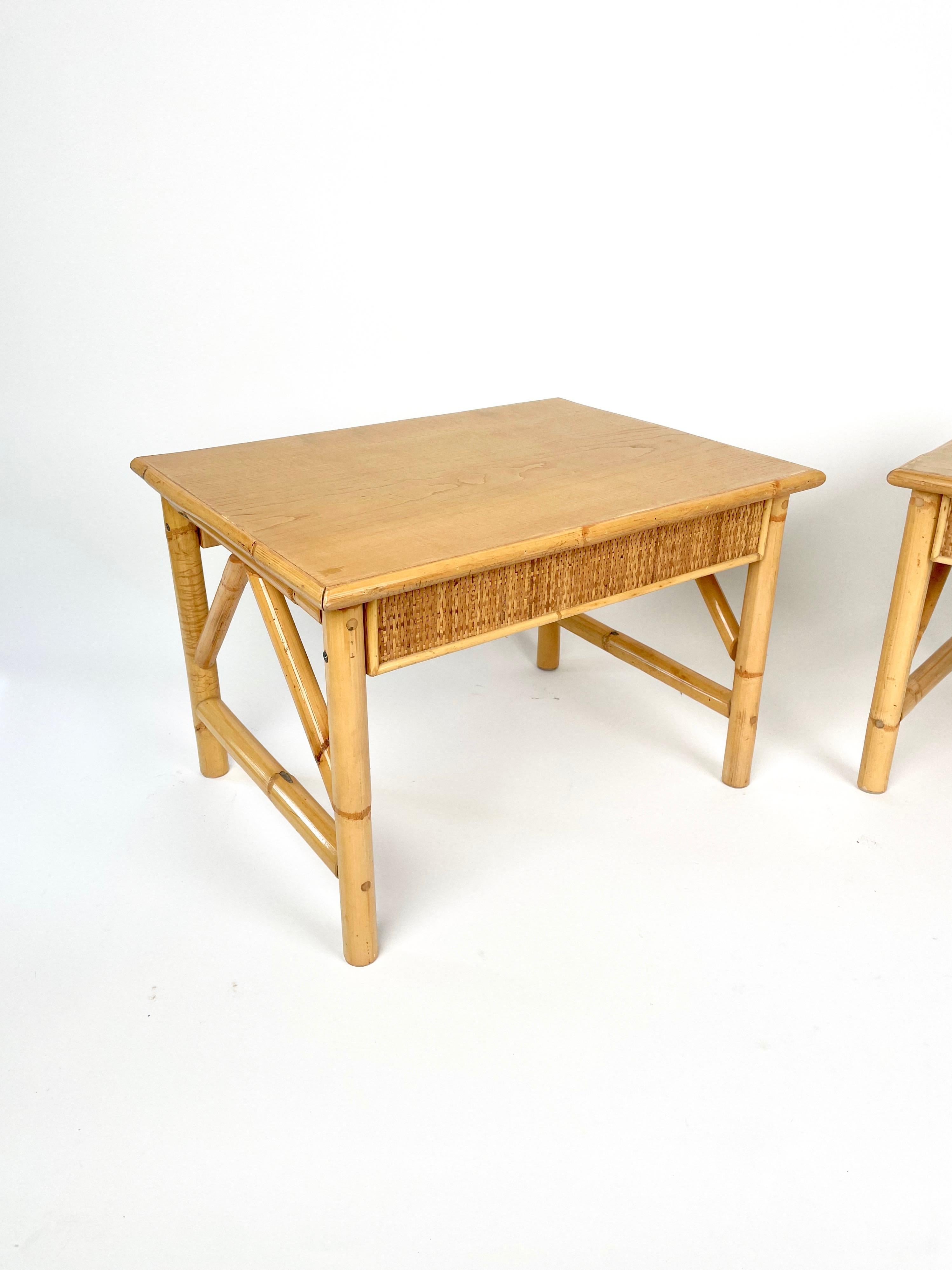 Bamboo, Rattan and Wood Pair of Side Coffee Tables, Italy 1980s For Sale 2