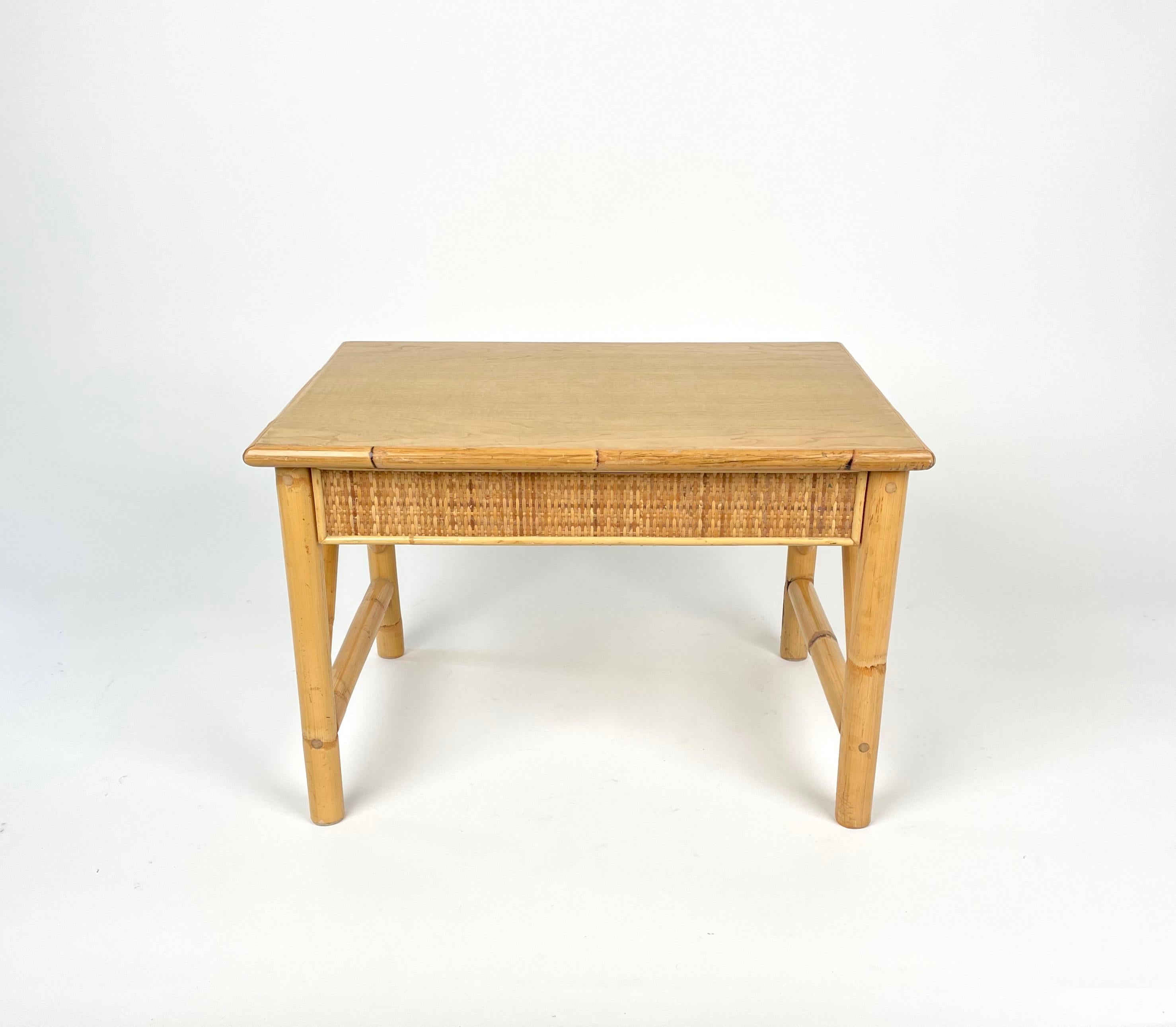 Bamboo, Rattan and Wood Pair of Side Coffee Tables, Italy 1980s For Sale 3