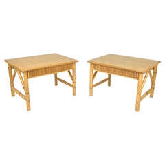 Bamboo, Rattan and Wood Pair of Side Coffee Tables, Italy 1980s