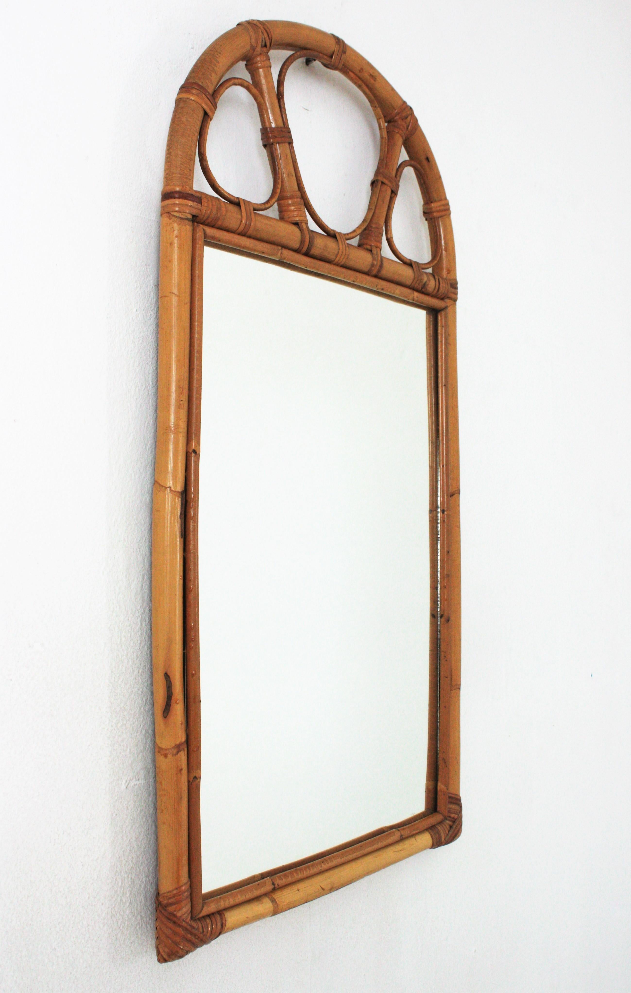 Mid-Century Modern Bamboo Rattan Arched Wall Mirror, 1960s