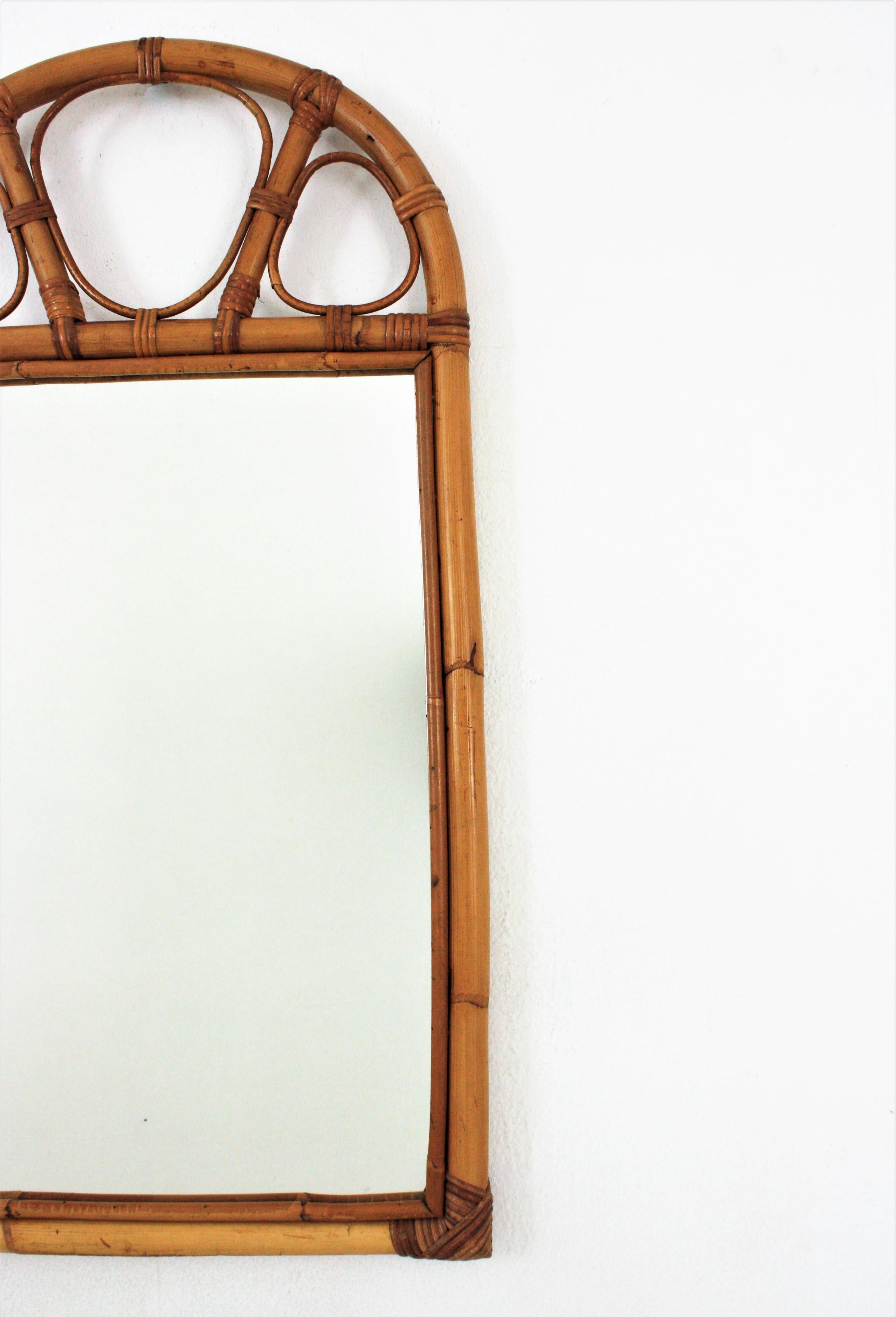Hand-Crafted Bamboo Rattan Arched Wall Mirror, 1960s