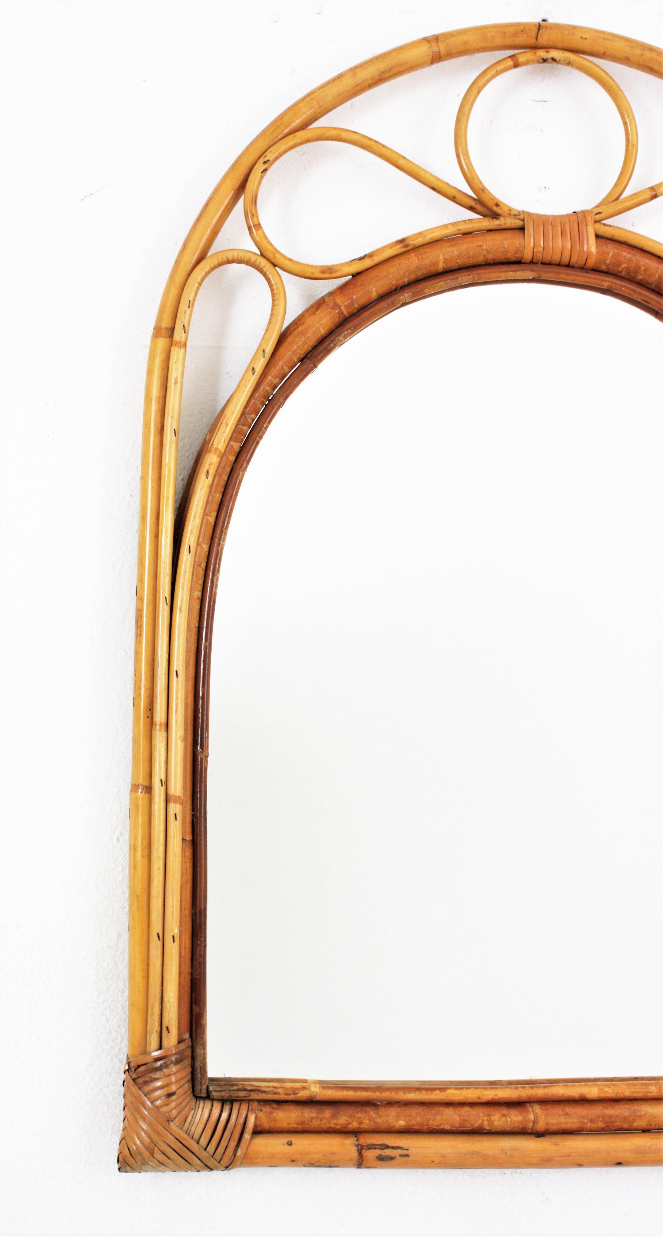Mid-Century Modern Spanish Bamboo Rattan Arched Wall Mirror, 1960s For Sale
