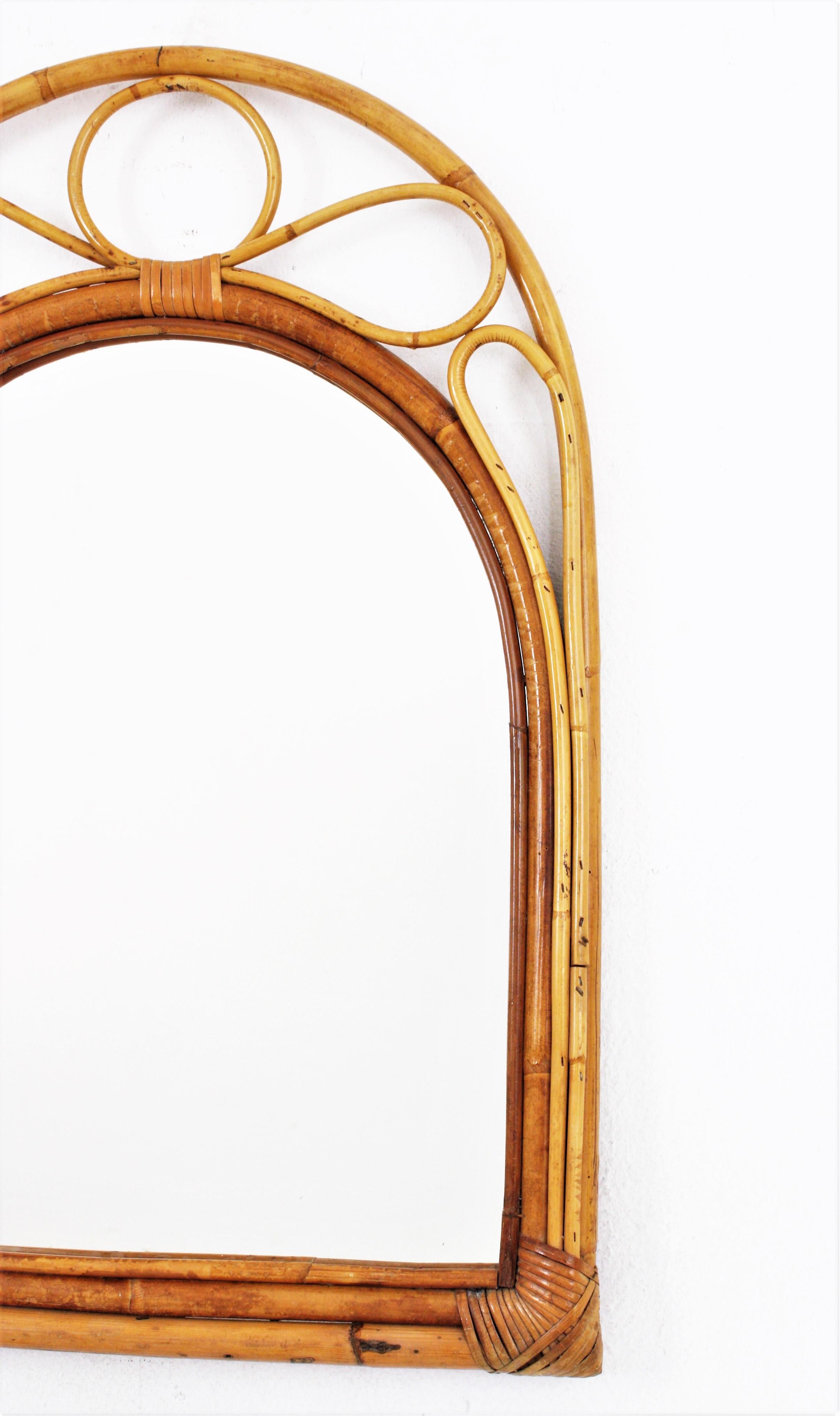 Hand-Crafted Spanish Bamboo Rattan Arched Wall Mirror, 1960s For Sale