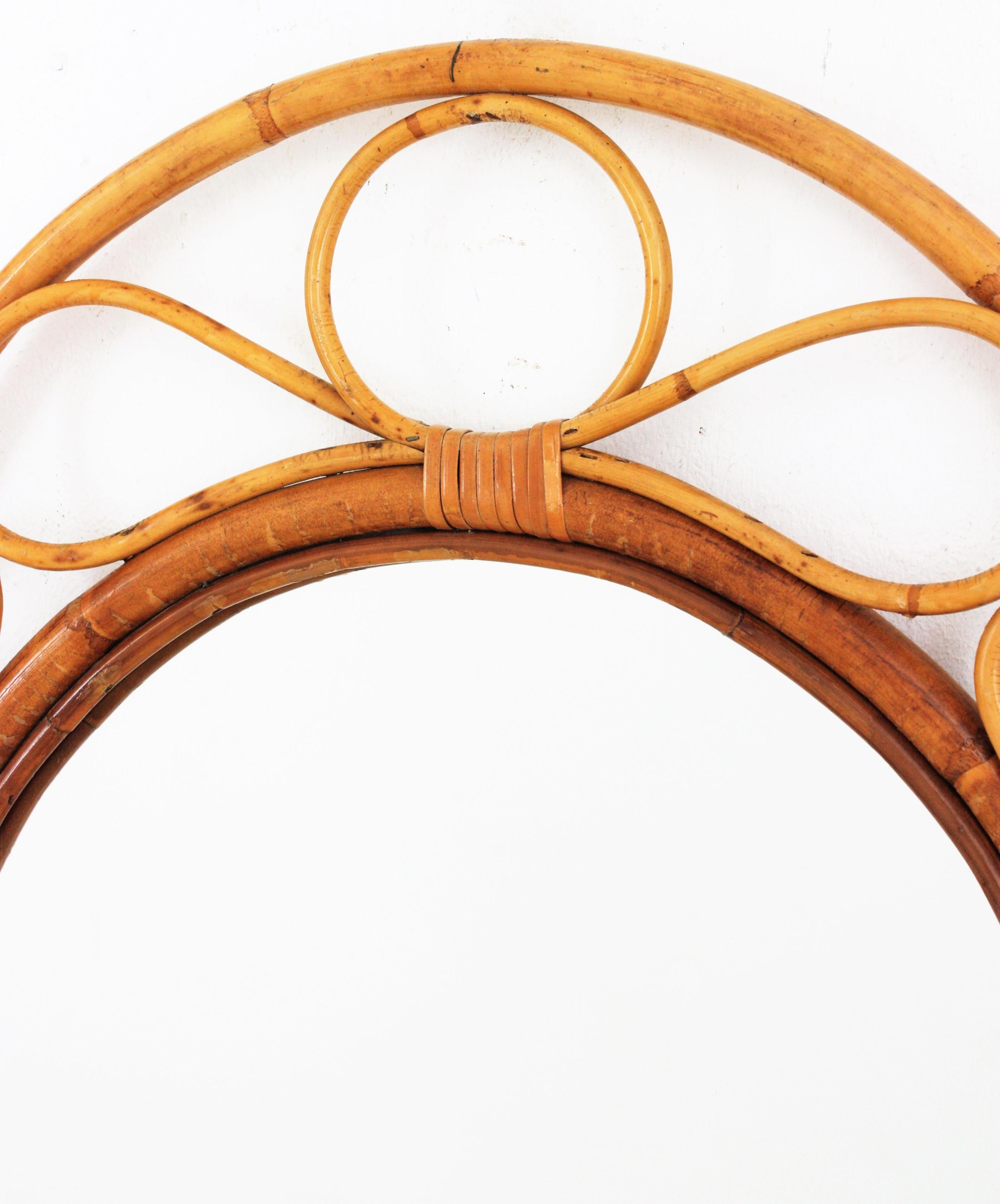 20th Century Spanish Bamboo Rattan Arched Wall Mirror, 1960s For Sale
