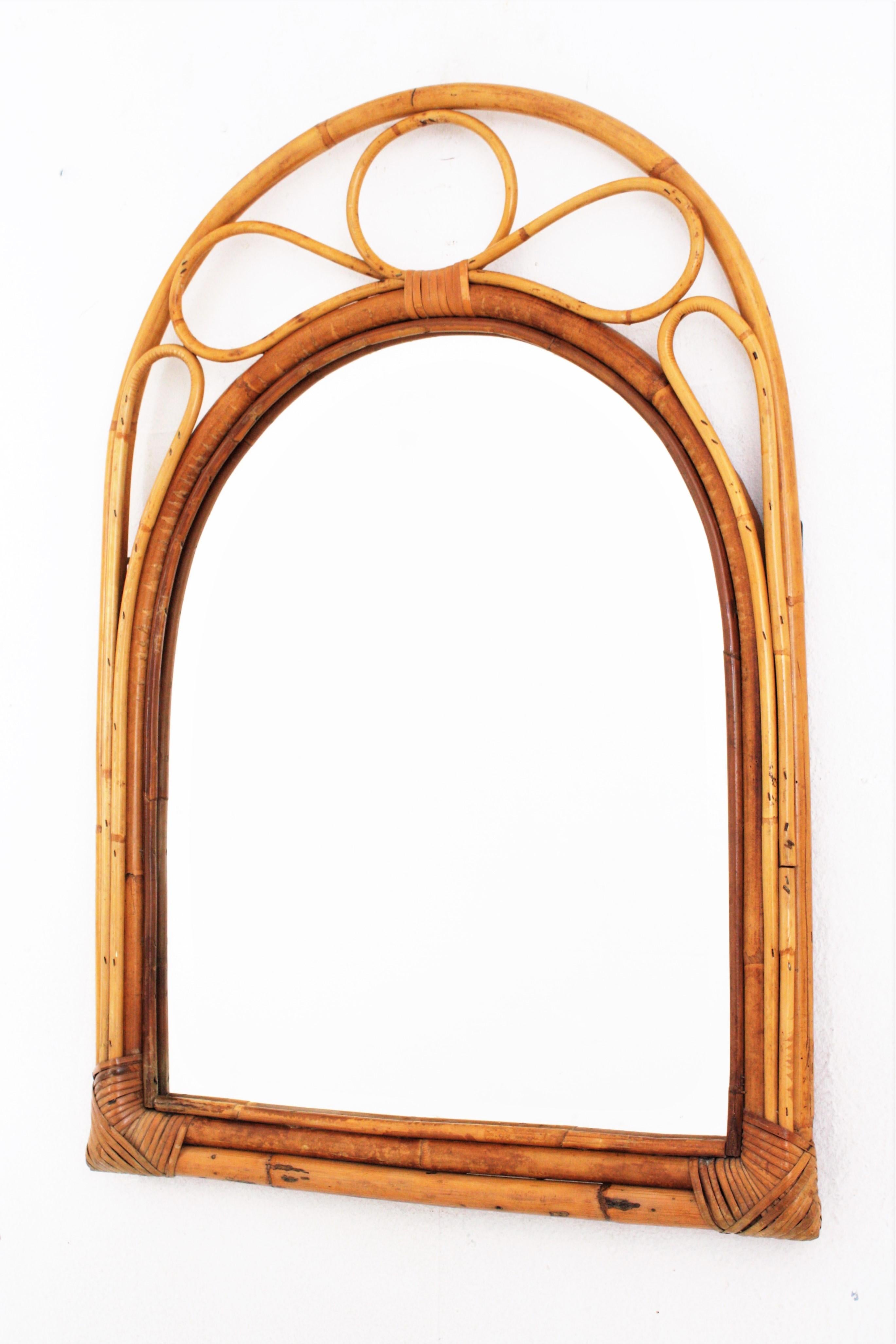 Spanish Bamboo Rattan Arched Wall Mirror, 1960s For Sale 1