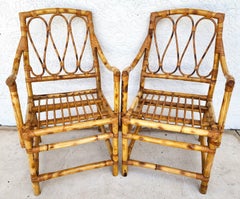 Bamboo Rattan Armchairs Dining Accent Vintage Boho a Pair