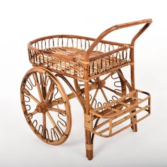 Bamboo Rattan Bar Cart, France Riviera, 1950s, Trolley Vintage
