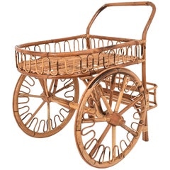 Bamboo Rattan Bar Cart, France Riviera, 1950s, Trolley Vintage
