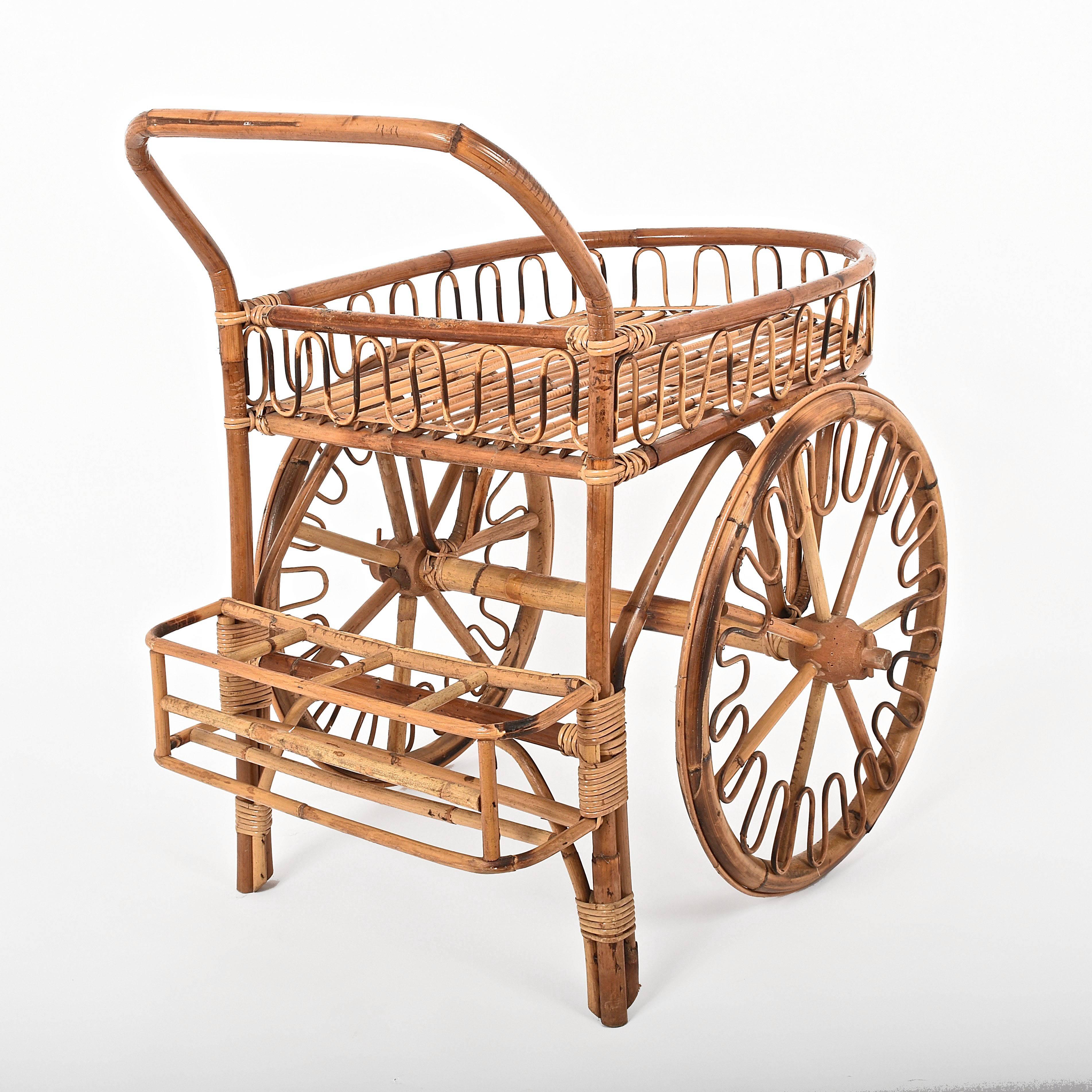 Mid-Century Modern Bamboo Rattan Bar Cart, France Riviera, 1950s, Trolley Vintage
