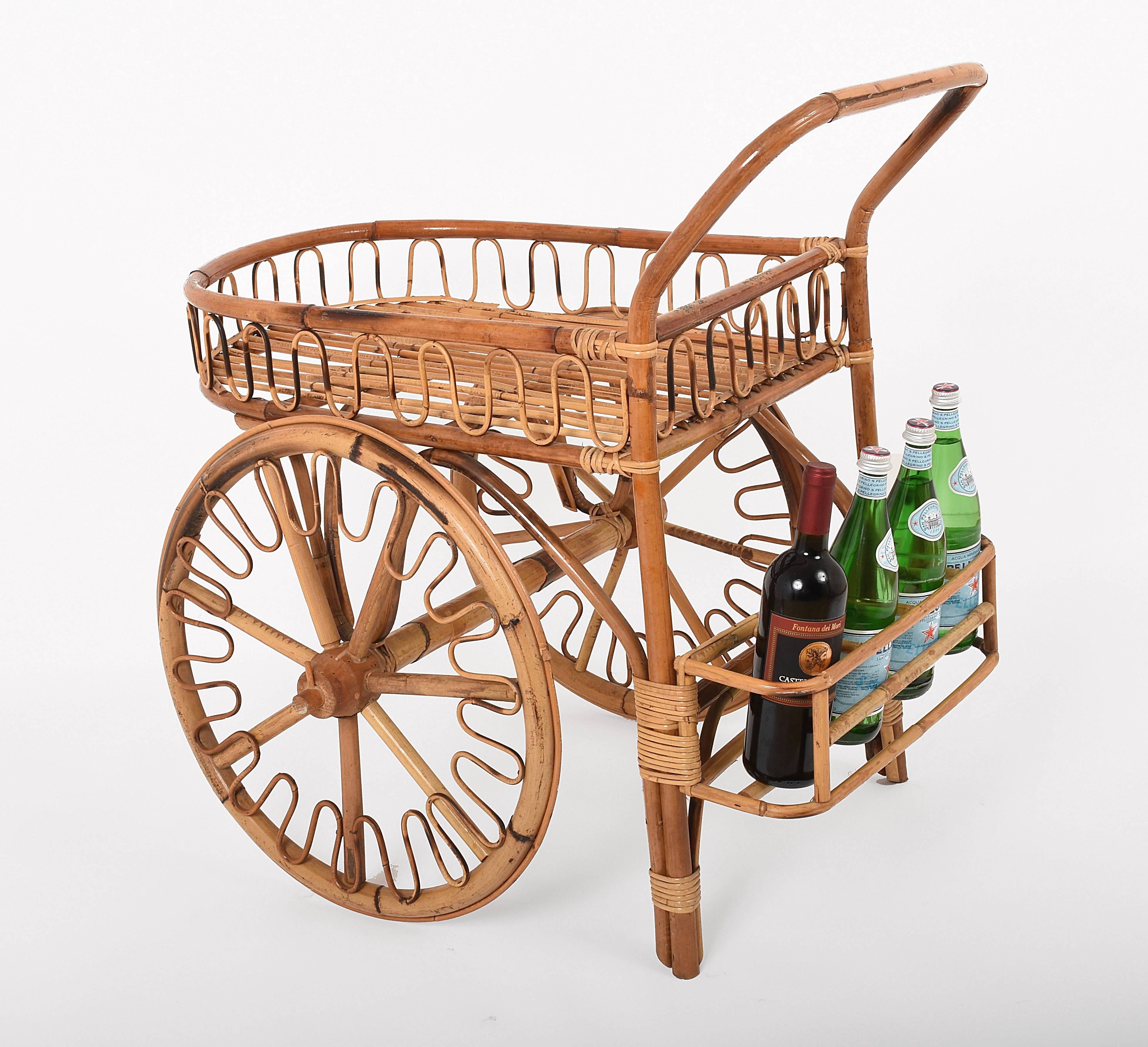 Mid-20th Century Bamboo Rattan Bar Cart, France Riviera, 1950s, Trolley Vintage