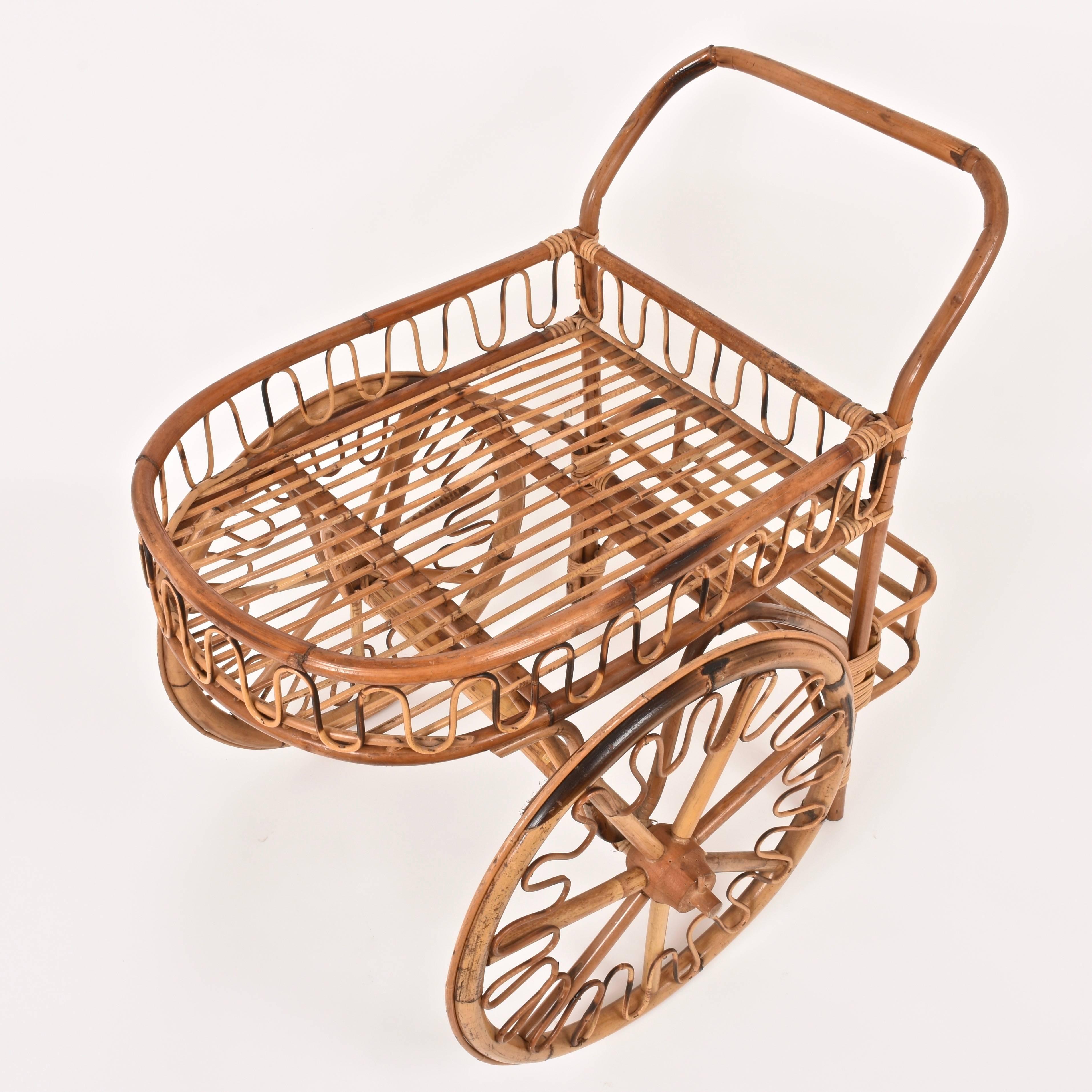 Bamboo Rattan Bar Cart, France Riviera, 1950s, Trolley Vintage 2