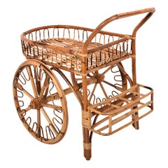 Bamboo Rattan Bar Cart, France Riviera, 1950s, Trolley Vintage