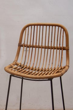 Bamboo, Rattan Bar Stools with Metal Legs, Italy Set of Two