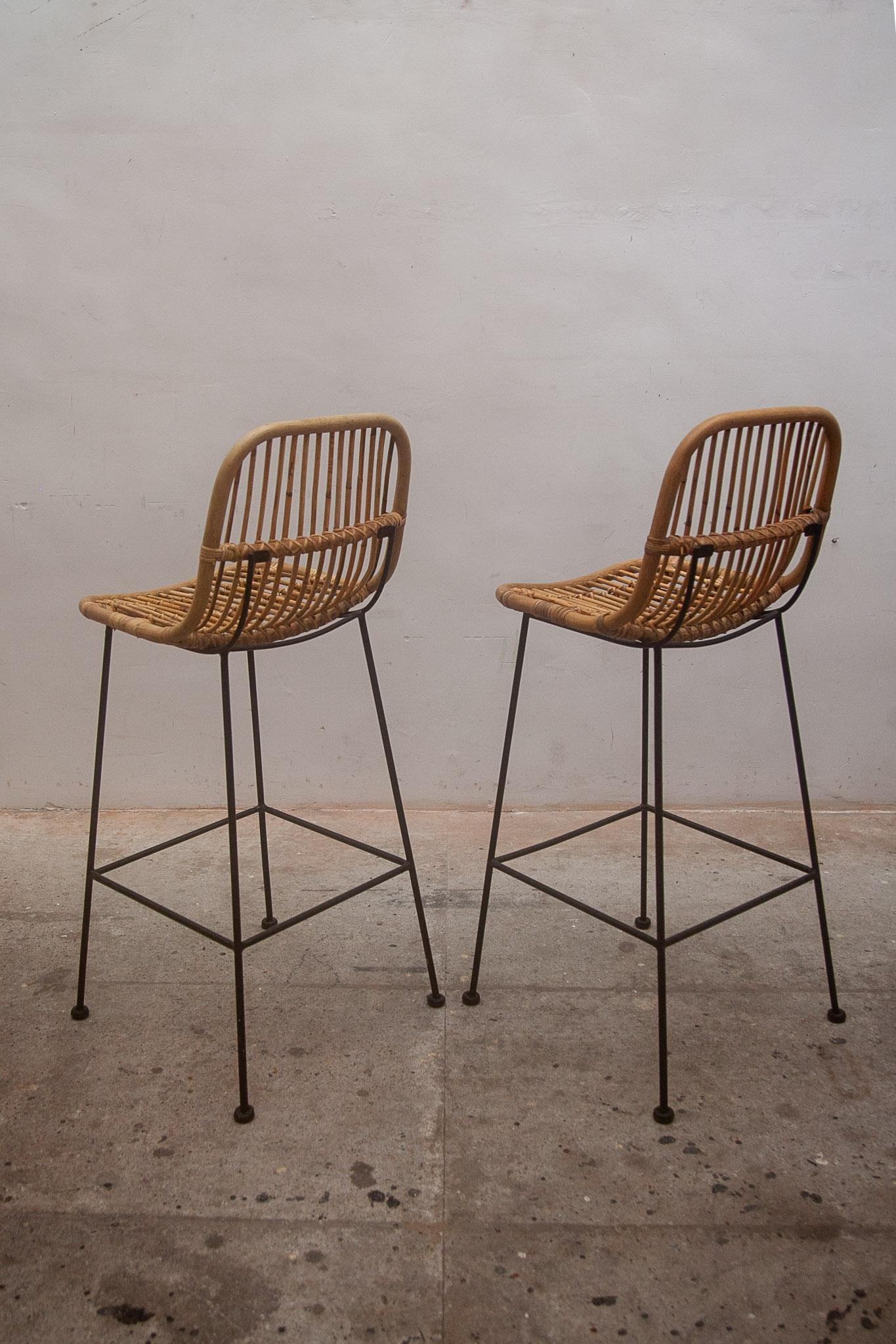 Bamboo, Rattan Bar Stools with Metal Legs, Italy Set of Two In Good Condition In Antwerp, BE