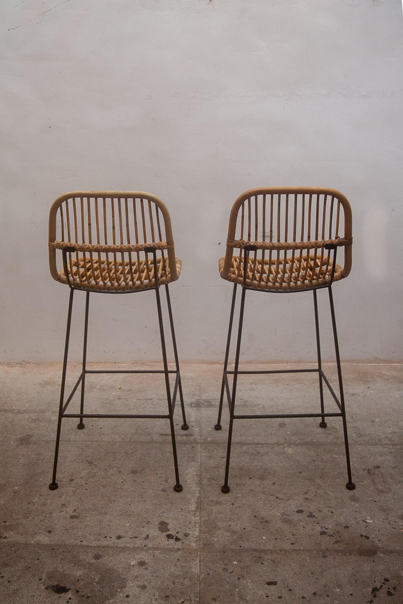 Mid-20th Century Bamboo, Rattan Bar Stools with Metal Legs, Italy Set of Two