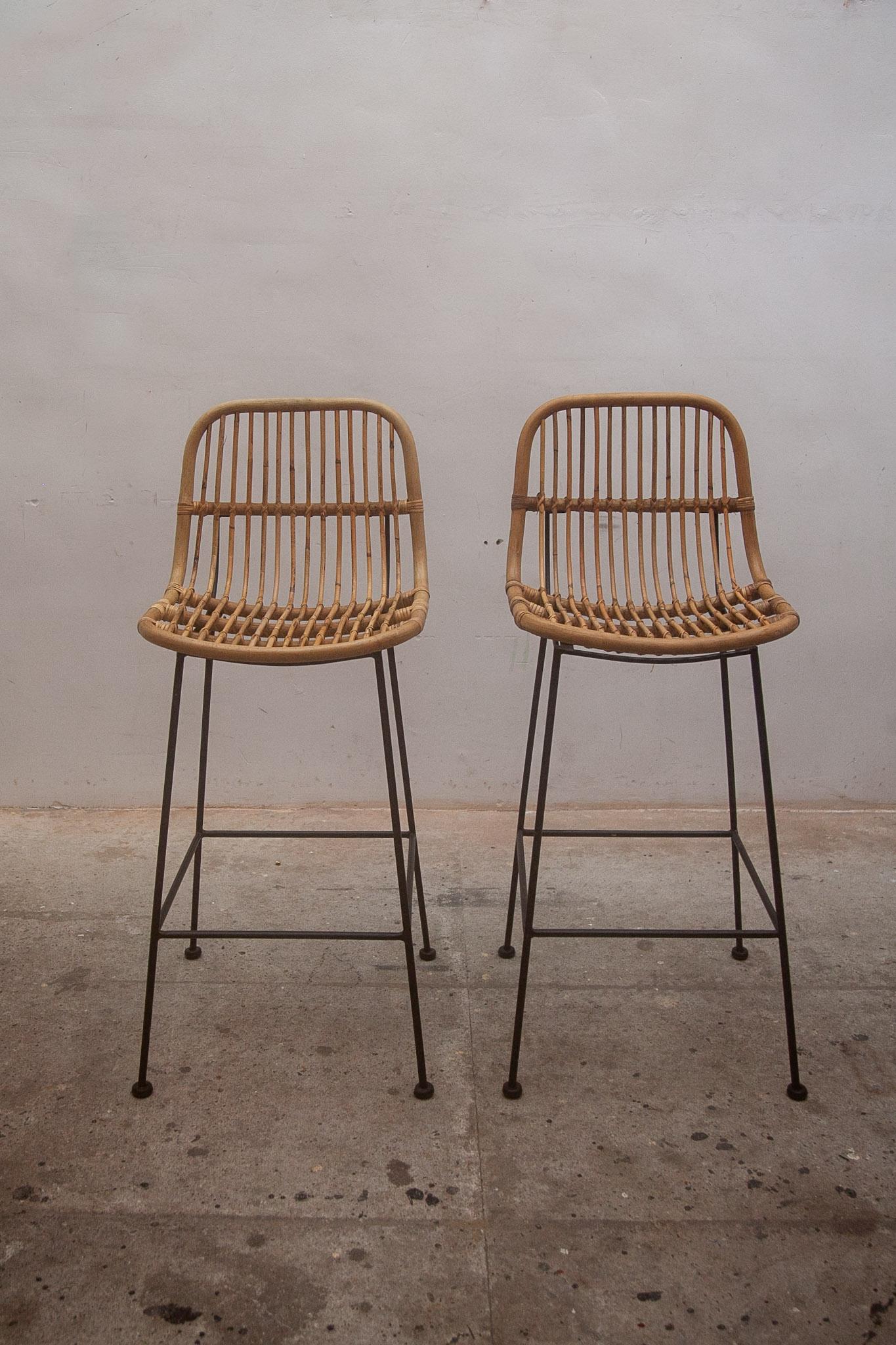 Bamboo, Rattan Bar Stools with Metal Legs, Italy Set of Two 1