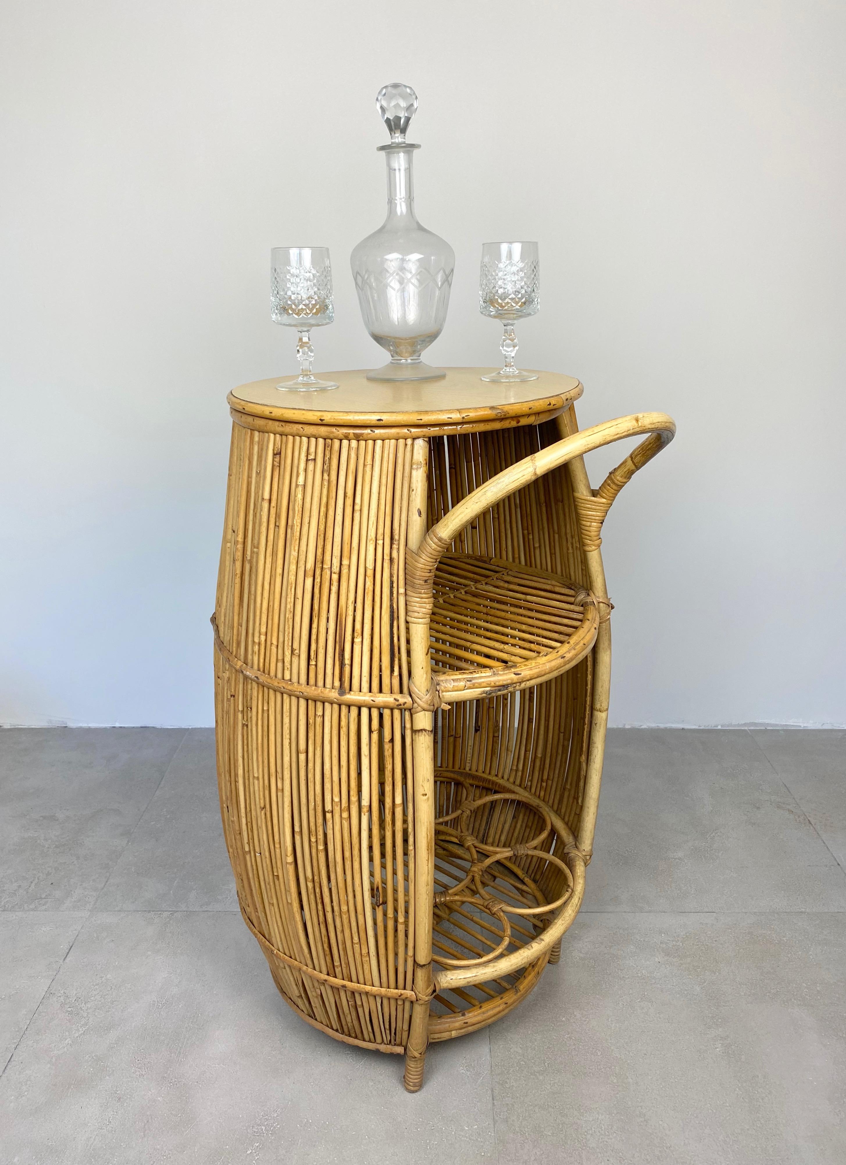 Italian Bamboo Rattan Barrel Bar Cart Cabinet, Italy, 1960s For Sale