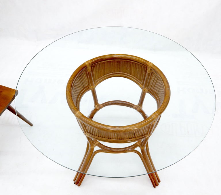 Bamboo Rattan Base Round Glass Top Dining Table For Sale at