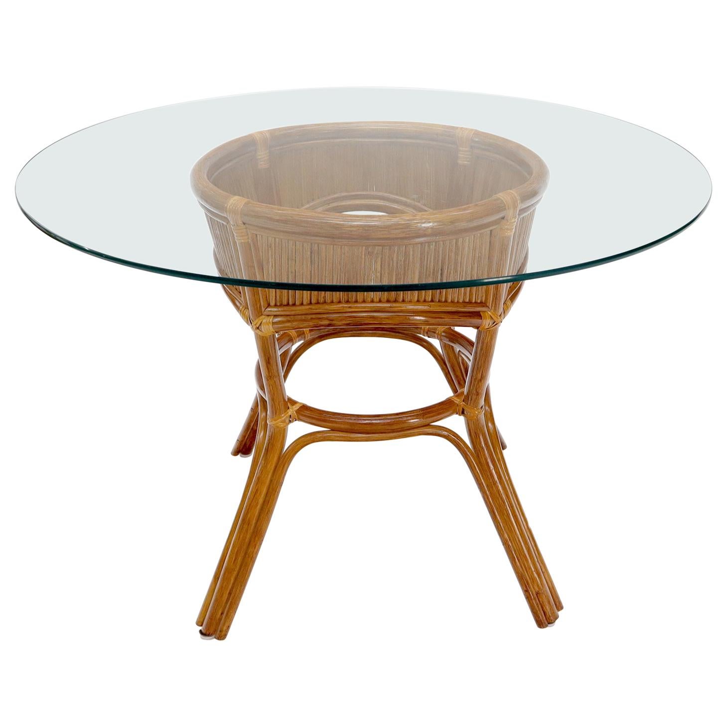 Bamboo Rattan Base Round Glass Top Dining Dinette Table For Sale