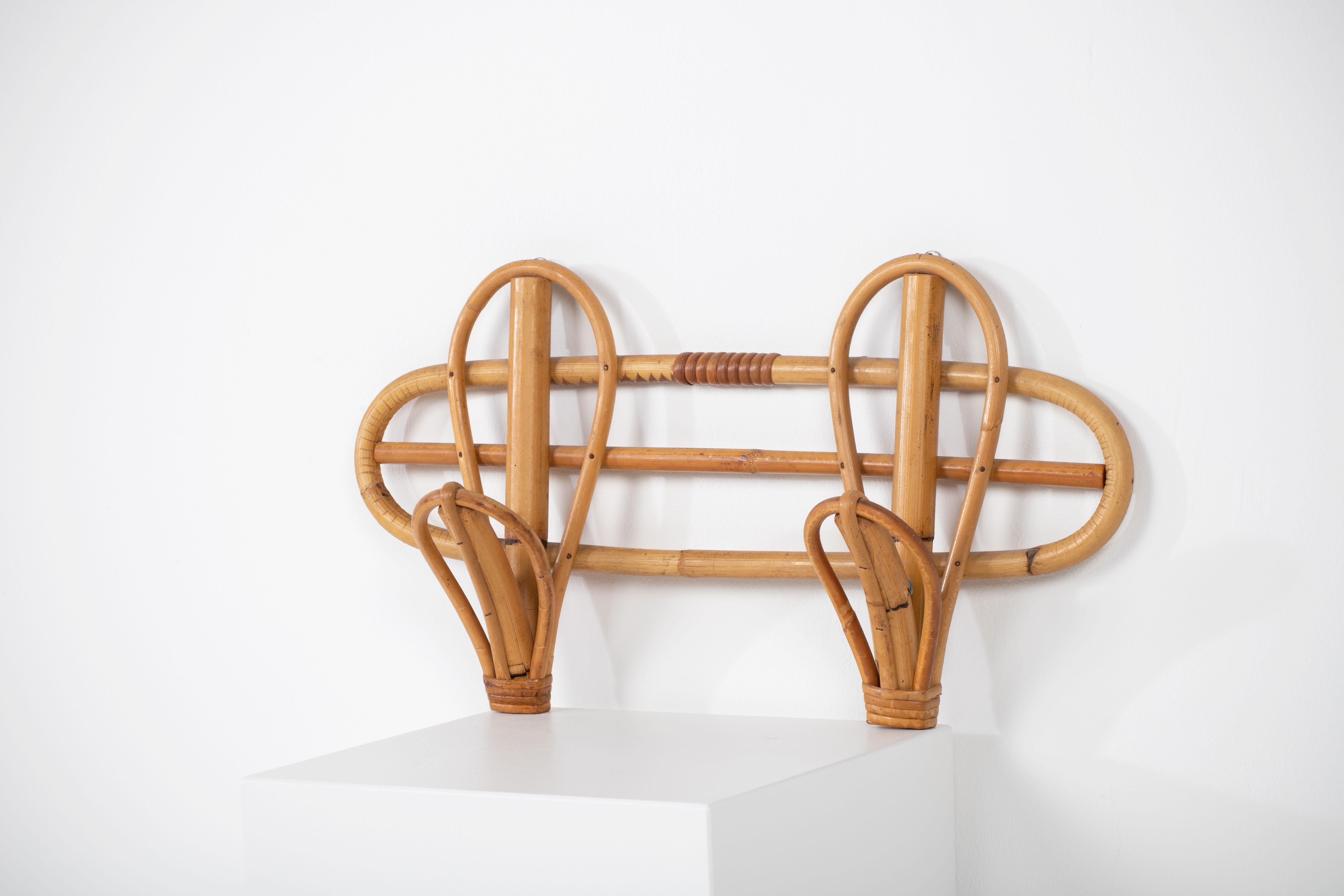 Italian Bamboo Rattan Bohemian French Riviera Coat Hanger Rack Stand, A pair,  1960s For Sale