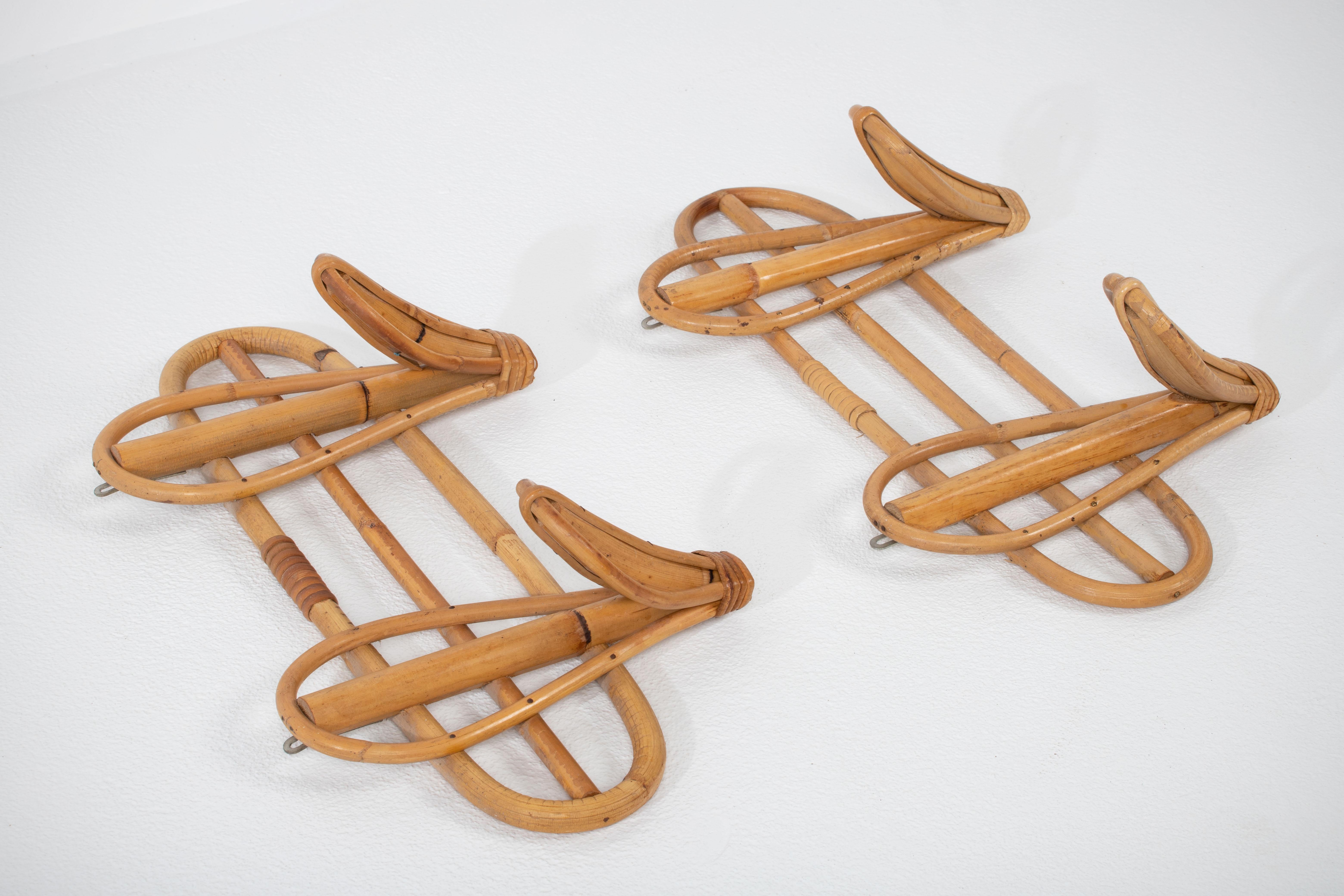 20th Century Bamboo Rattan Bohemian French Riviera Coat Hanger Rack Stand, A pair,  1960s For Sale
