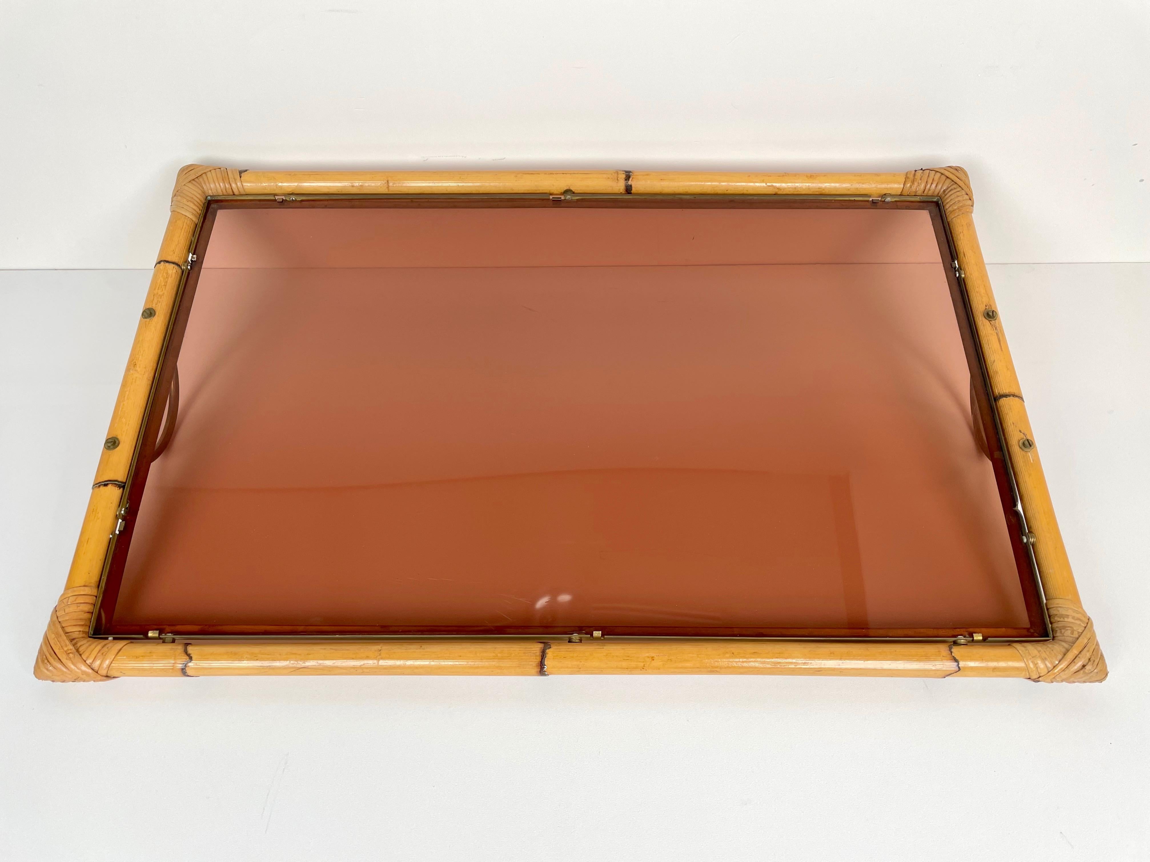 Bamboo Rattan Brass and Lucite Serving Tray, Italy, 1970s 3