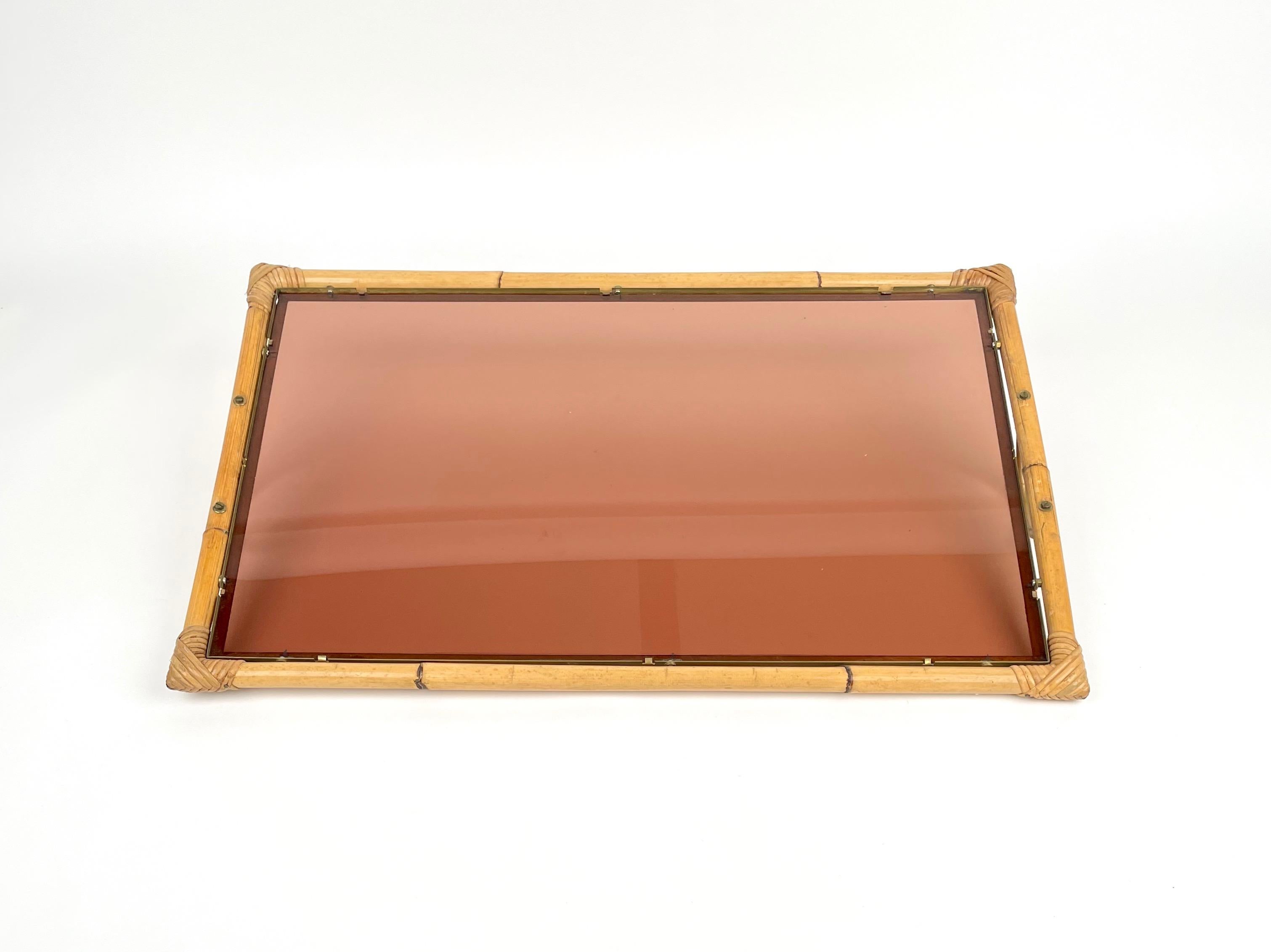 Bamboo Rattan Brass and Lucite Serving Tray, Italy, 1970s 4