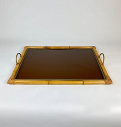 Bamboo Rattan Brass and Lucite Serving Tray, Italy, 1970s