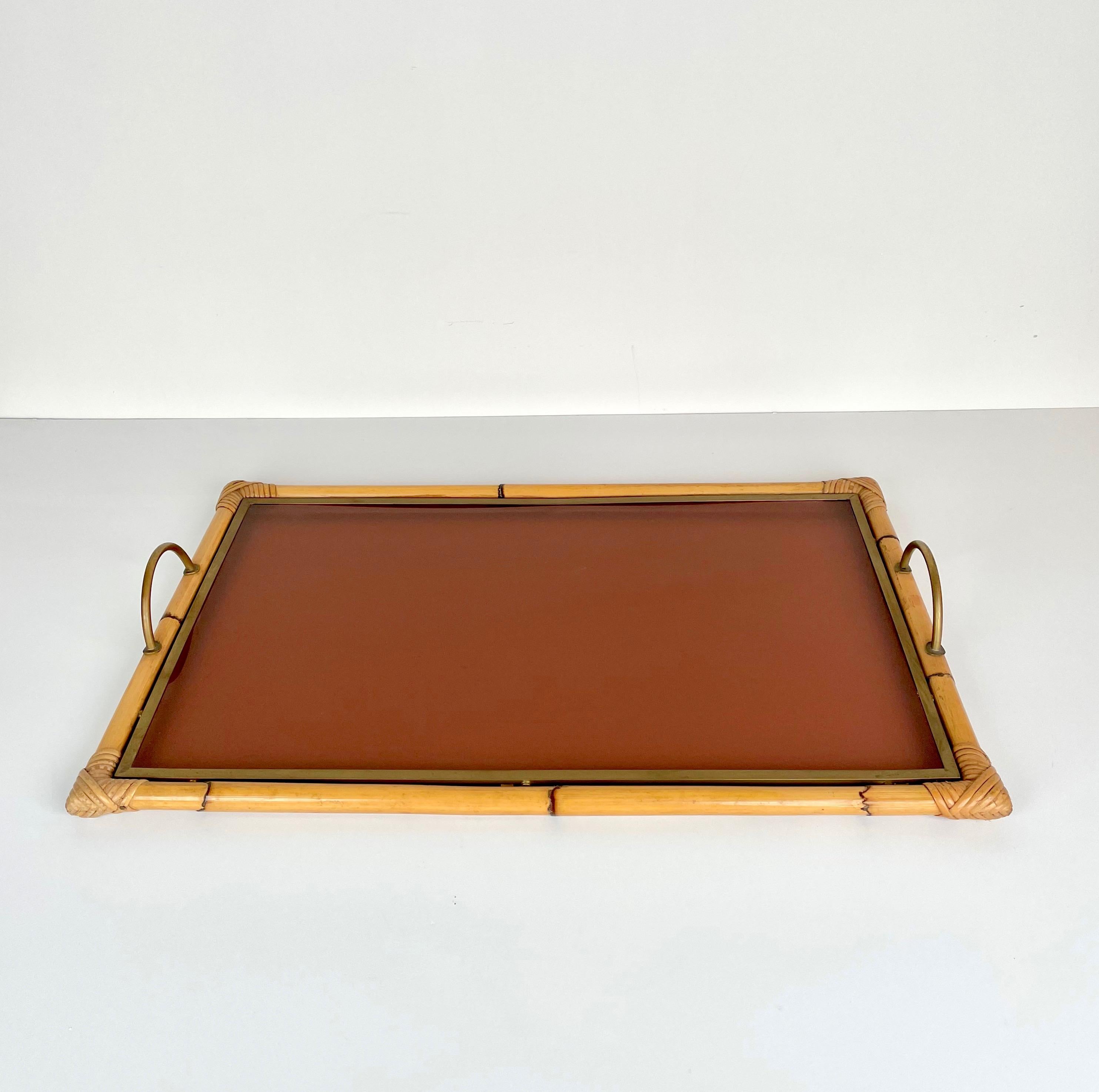 Serving tray in bamboo and Lucite with brass handles, made in Italy, 1970s.
  