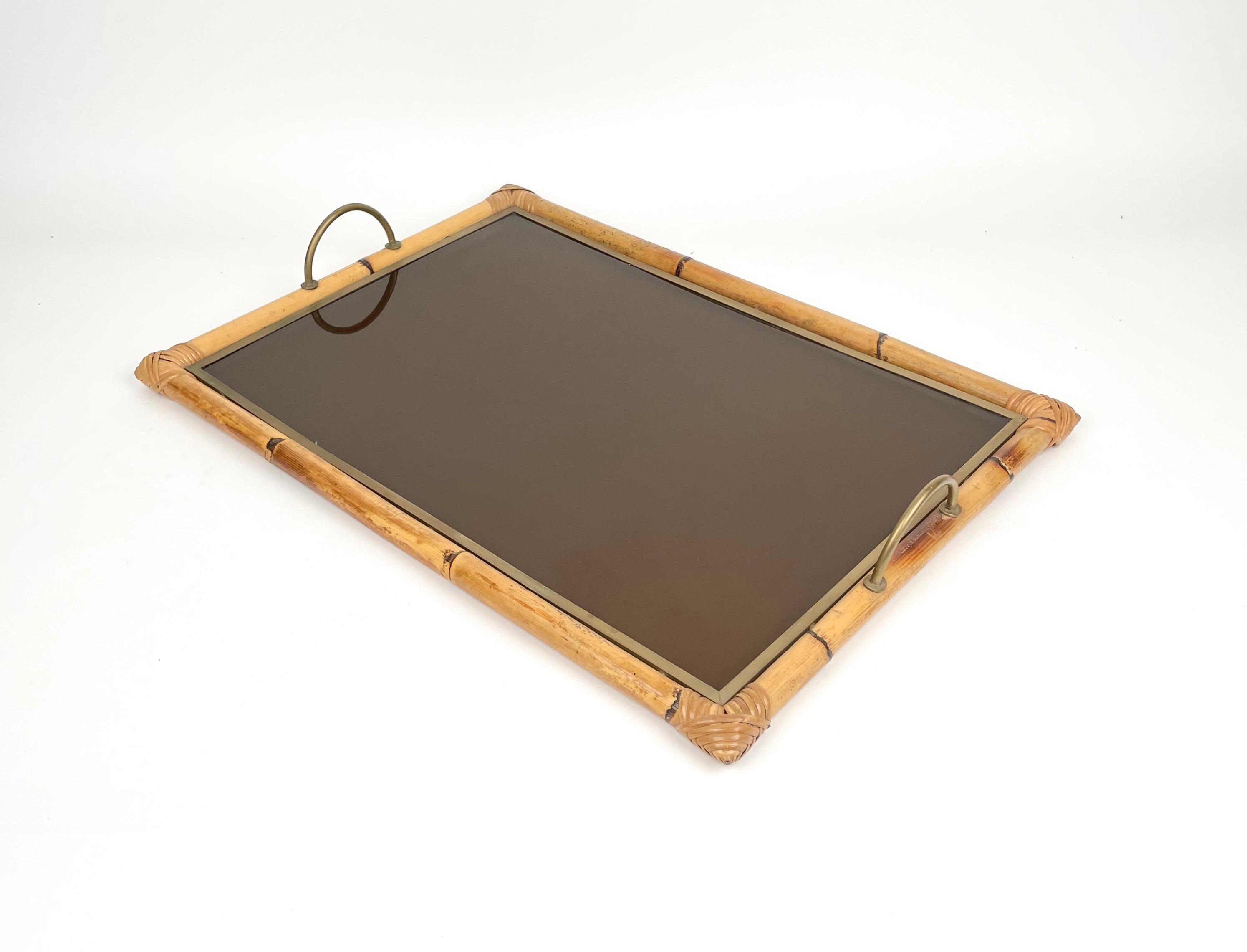Serving tray in bamboo and Lucite with brass handles, made in Italy, 1970s.