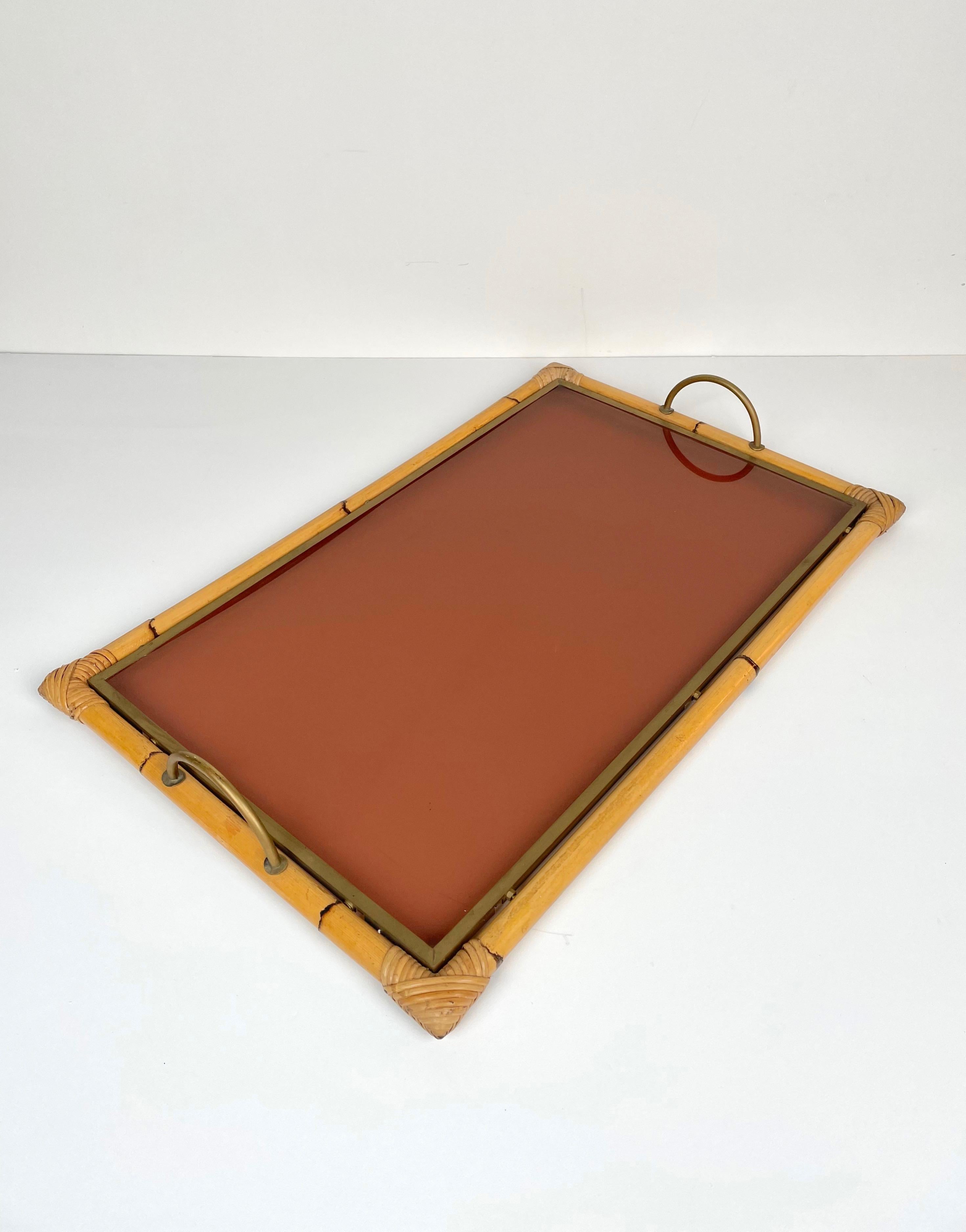 Mid-Century Modern Bamboo Rattan Brass and Lucite Serving Tray, Italy, 1970s