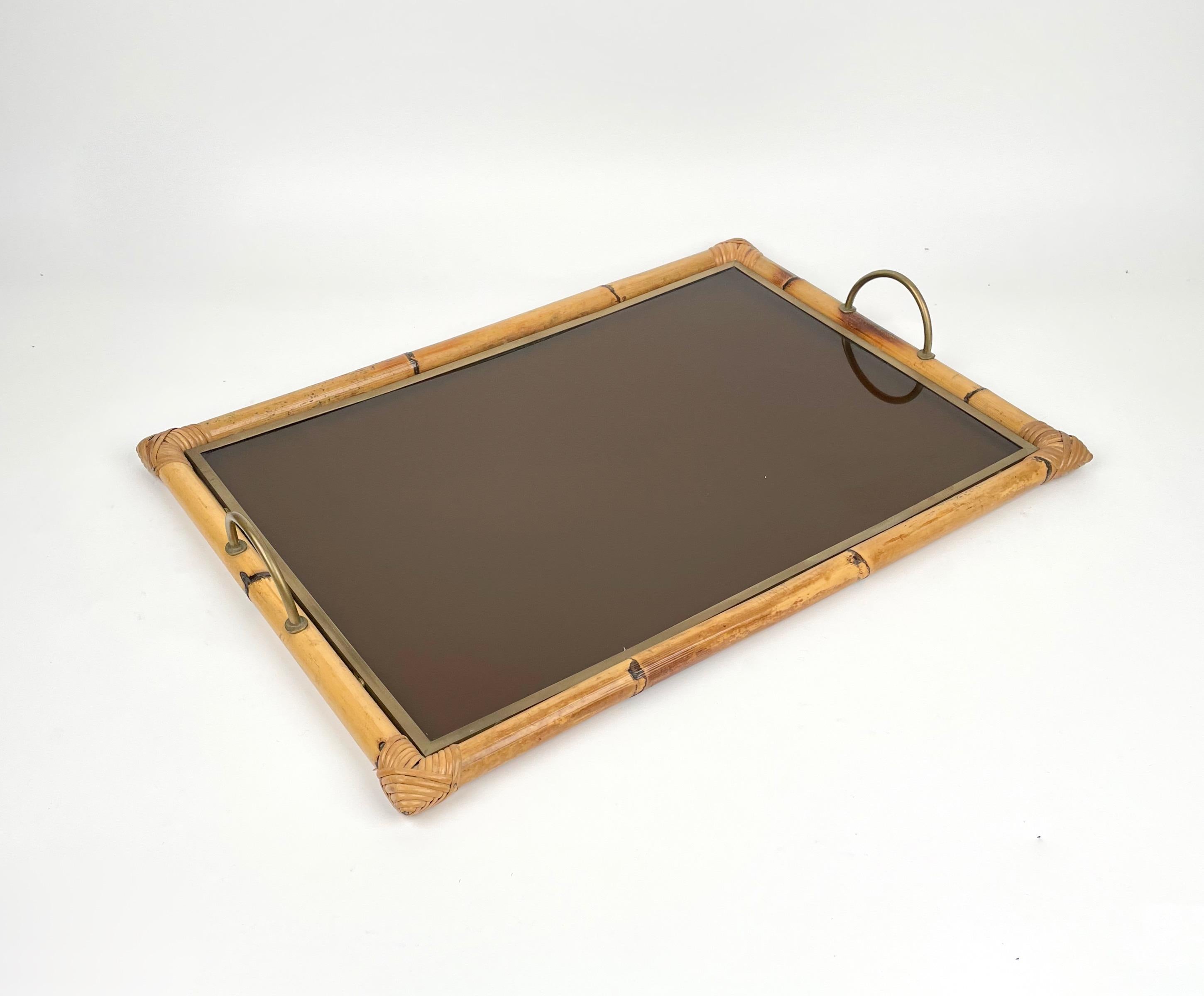 Mid-Century Modern Bamboo Rattan Brass and Lucite Serving Tray, Italy, 1970s