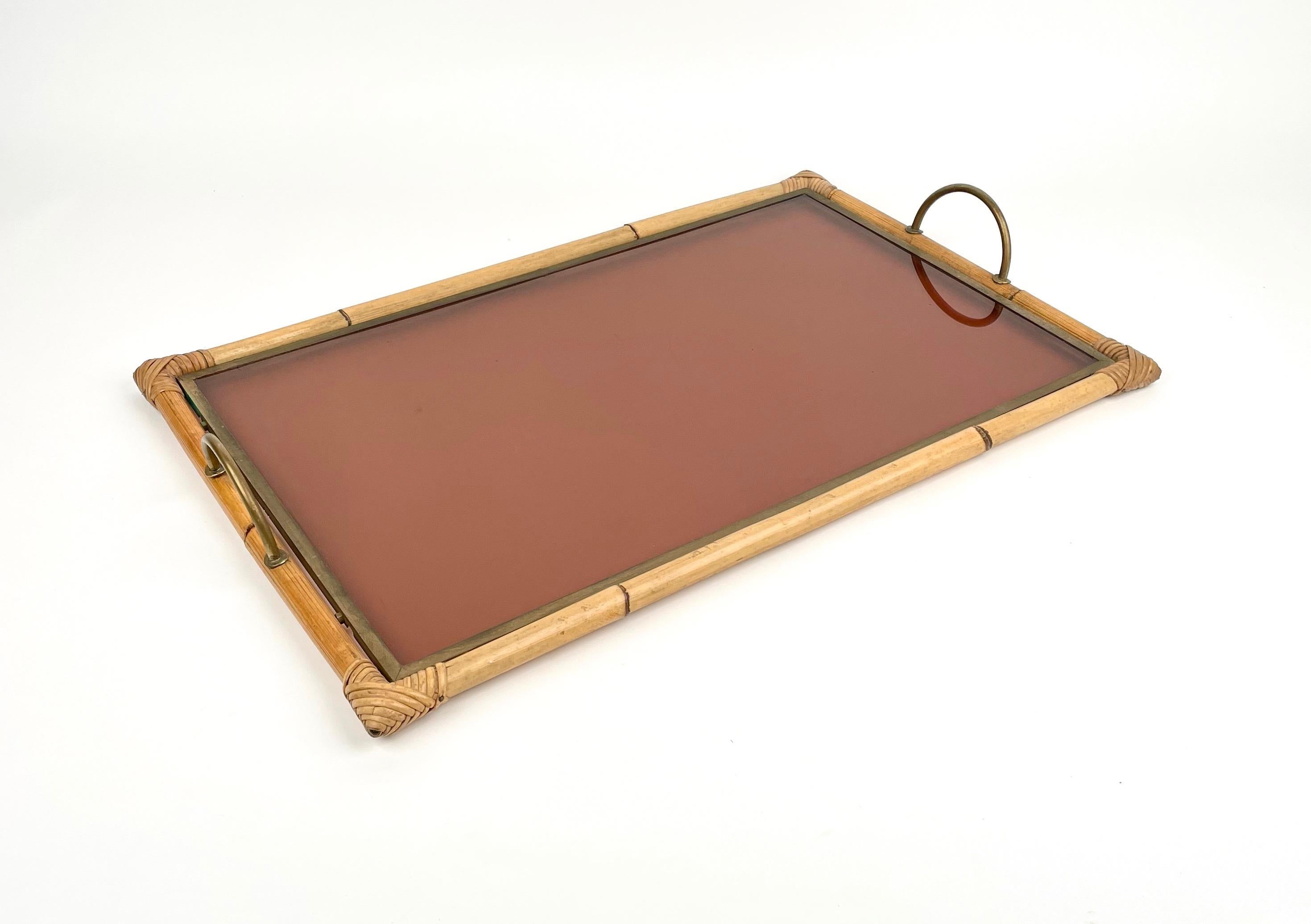 Italian Bamboo Rattan Brass and Lucite Serving Tray, Italy, 1970s