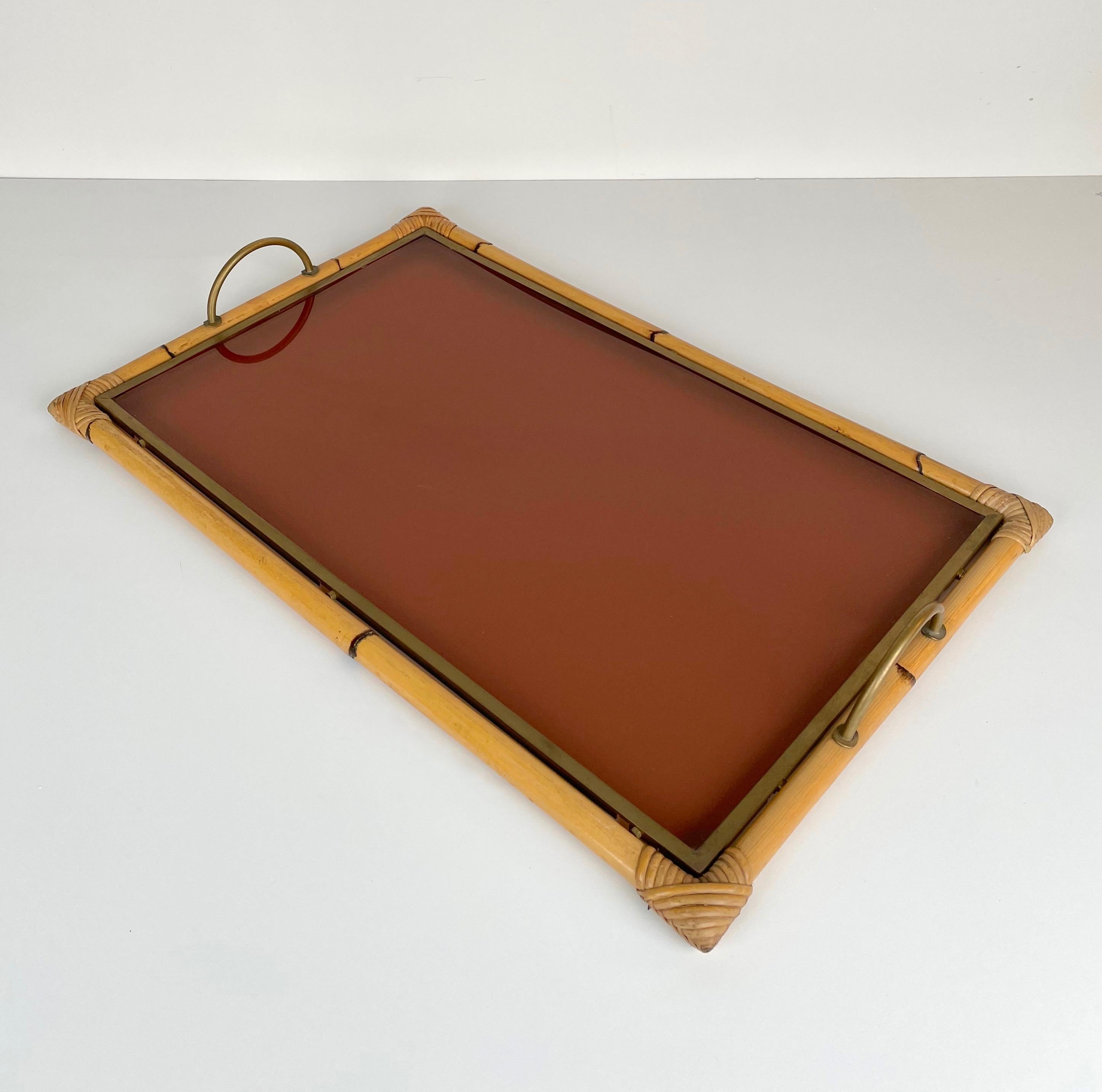 Bamboo Rattan Brass and Lucite Serving Tray, Italy, 1970s In Good Condition In Rome, IT