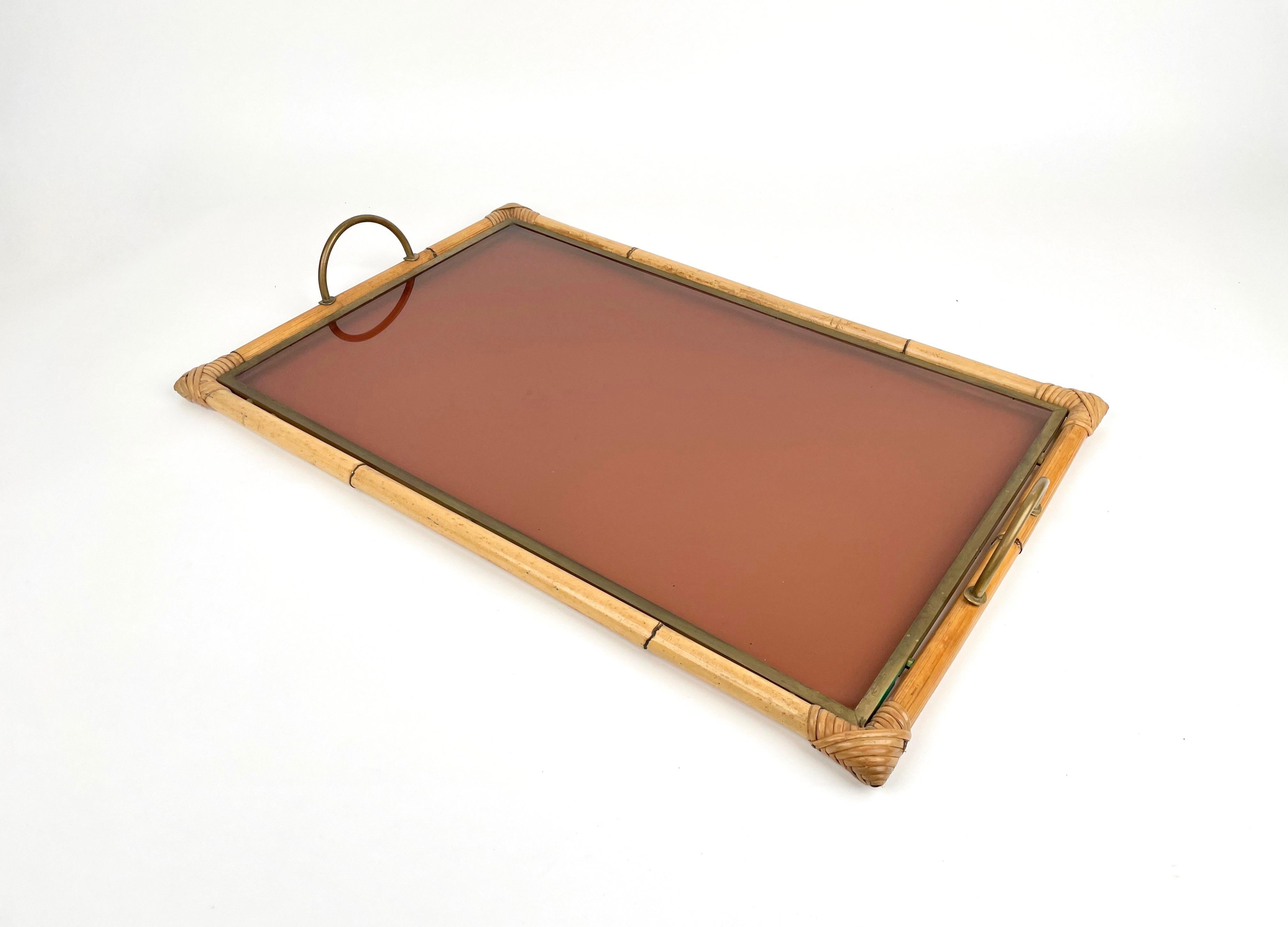 Bamboo Rattan Brass and Lucite Serving Tray, Italy, 1970s In Good Condition In Rome, IT