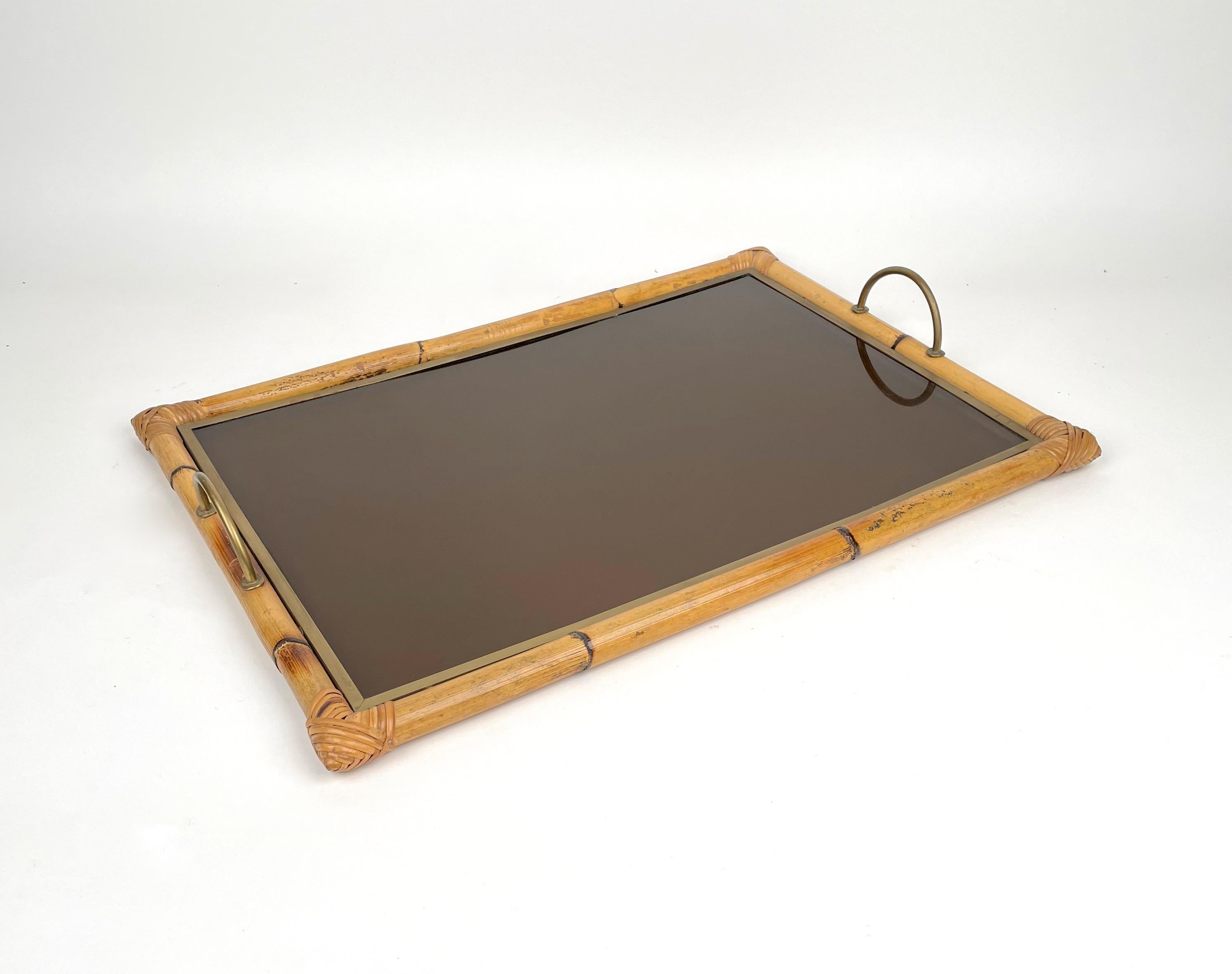 Bamboo Rattan Brass and Lucite Serving Tray, Italy, 1970s In Good Condition In Rome, IT