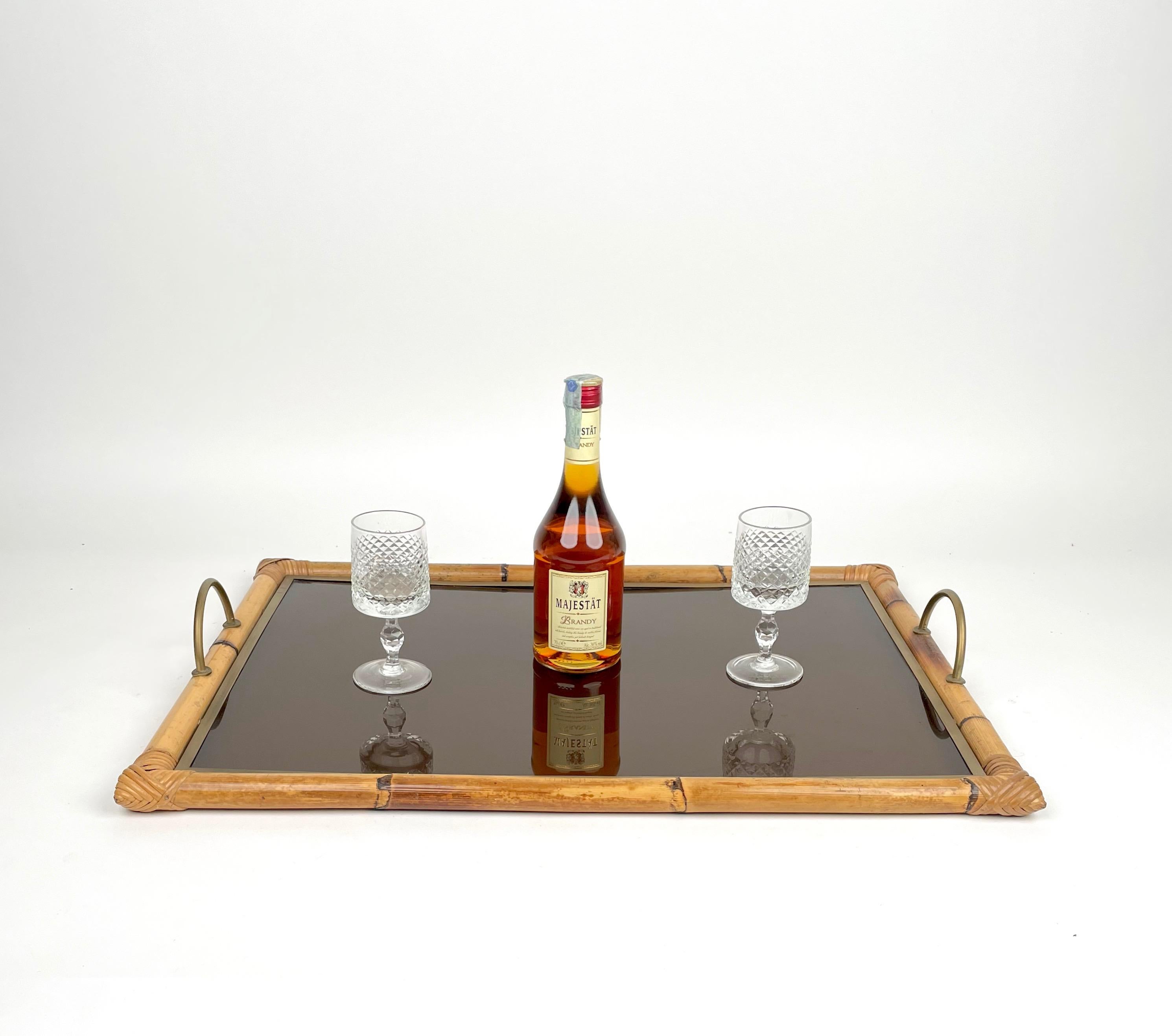 Late 20th Century Bamboo Rattan Brass and Lucite Serving Tray, Italy, 1970s