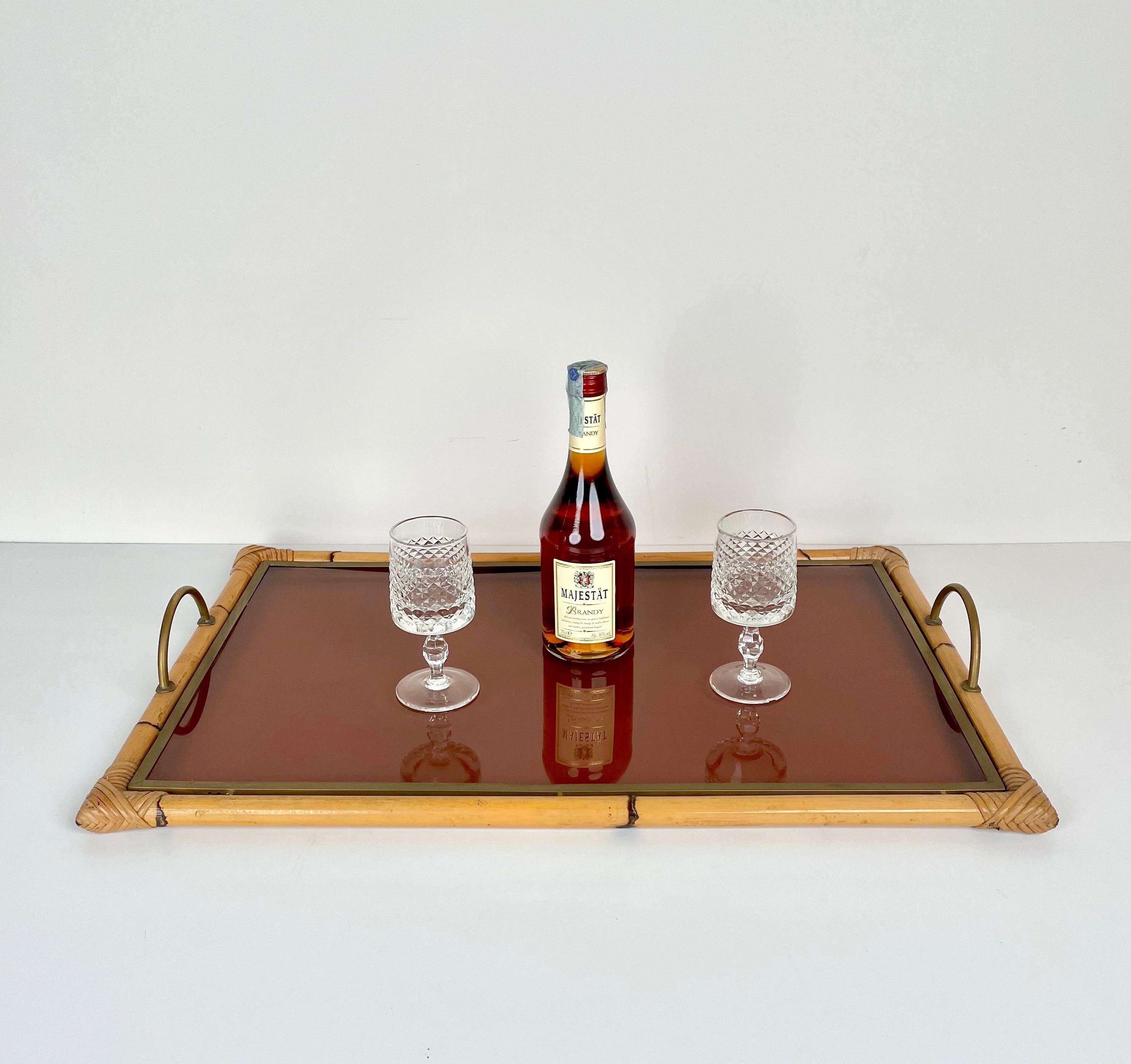 Metal Bamboo Rattan Brass and Lucite Serving Tray, Italy, 1970s