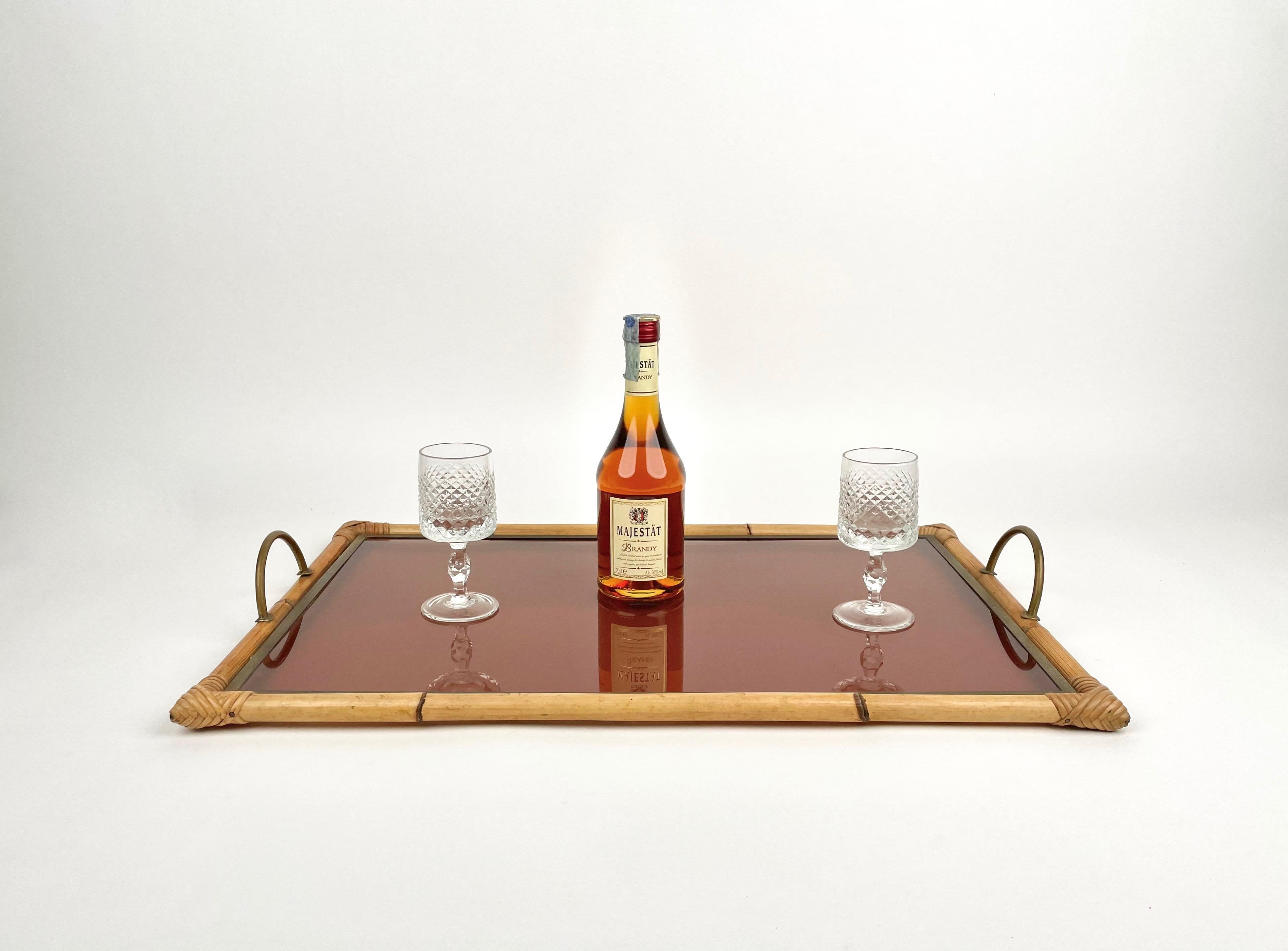 Metal Bamboo Rattan Brass and Lucite Serving Tray, Italy, 1970s