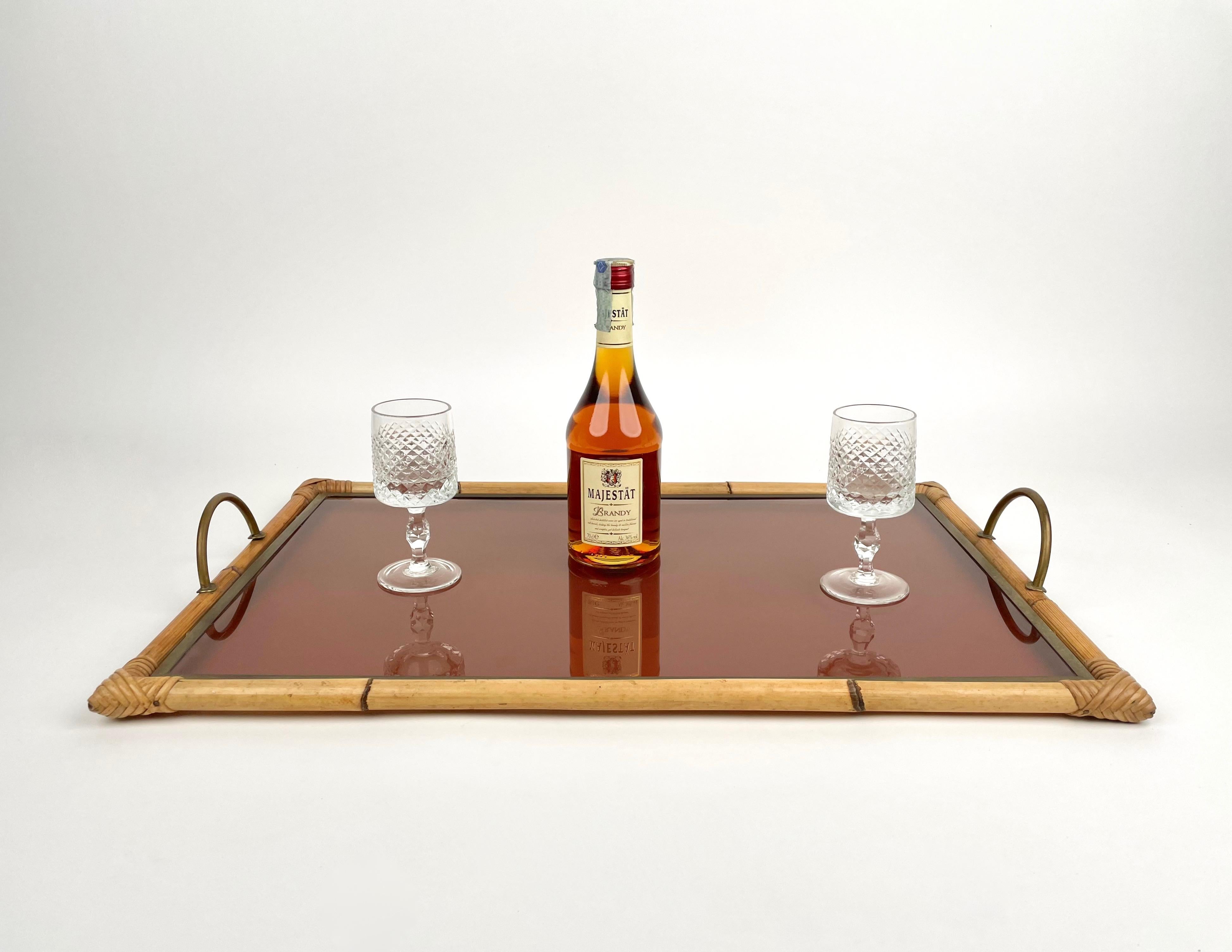 Bamboo Rattan Brass and Lucite Serving Tray, Italy, 1970s 1