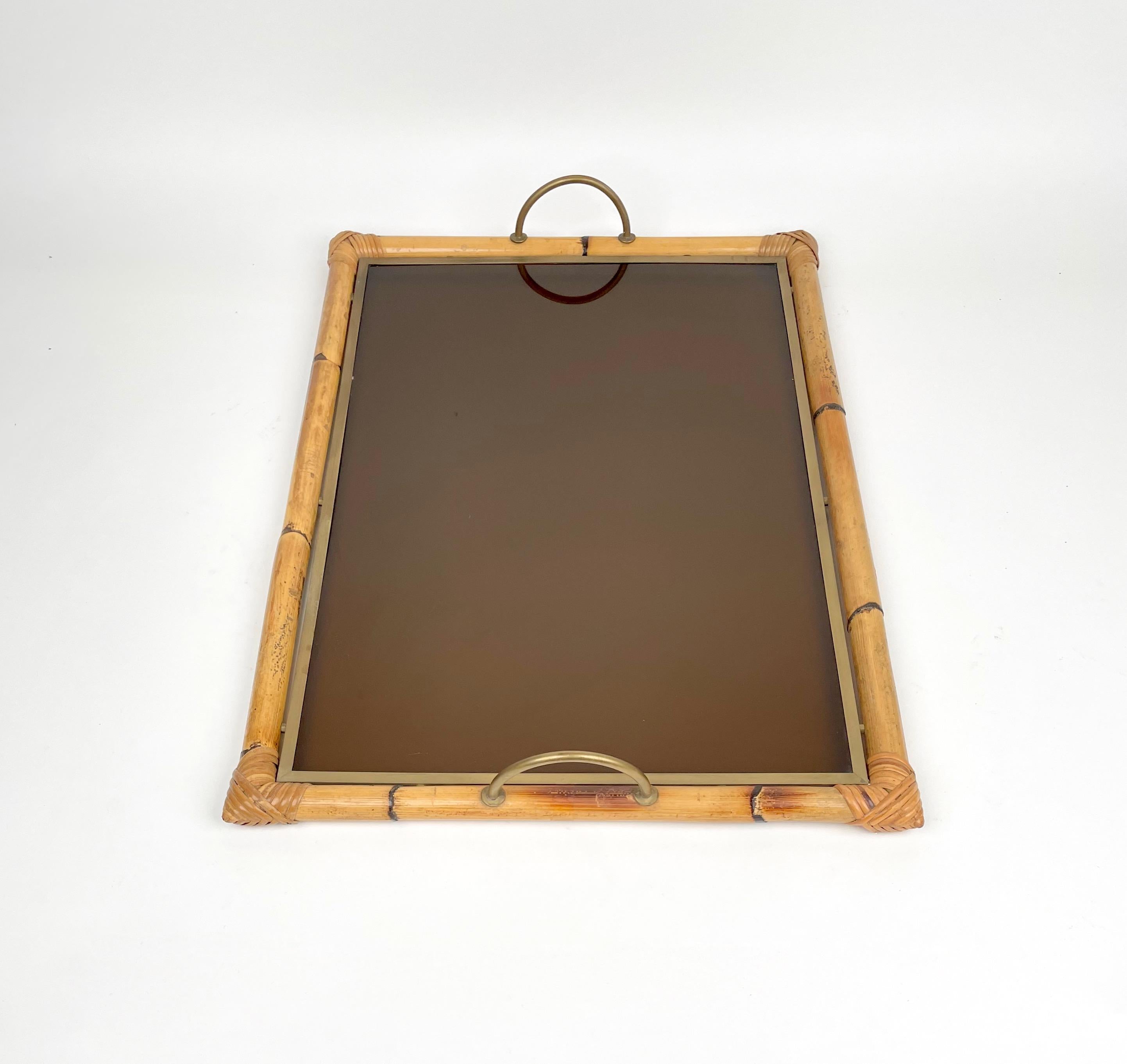 Bamboo Rattan Brass and Lucite Serving Tray, Italy, 1970s 1