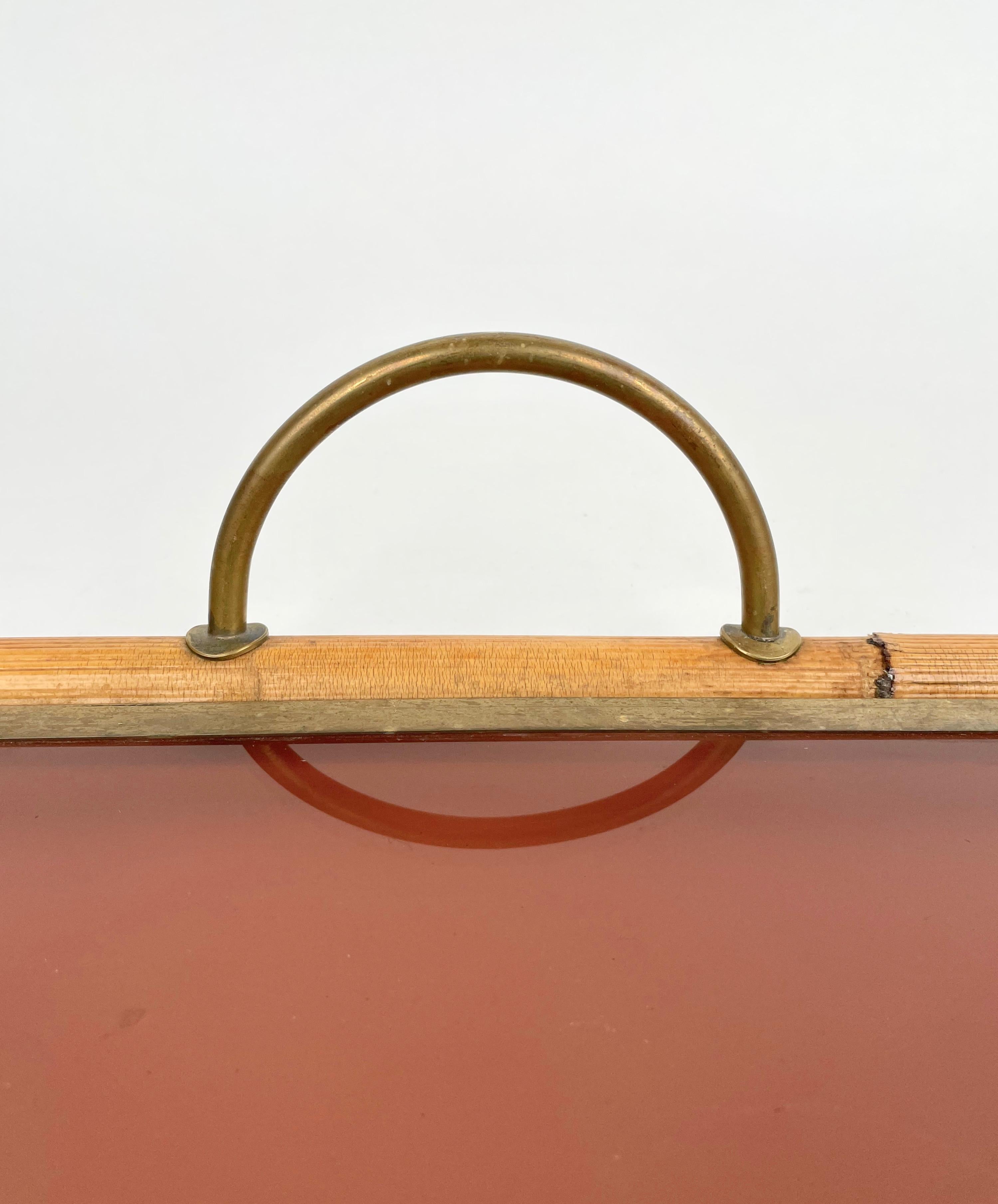 Bamboo Rattan Brass and Lucite Serving Tray, Italy, 1970s 2