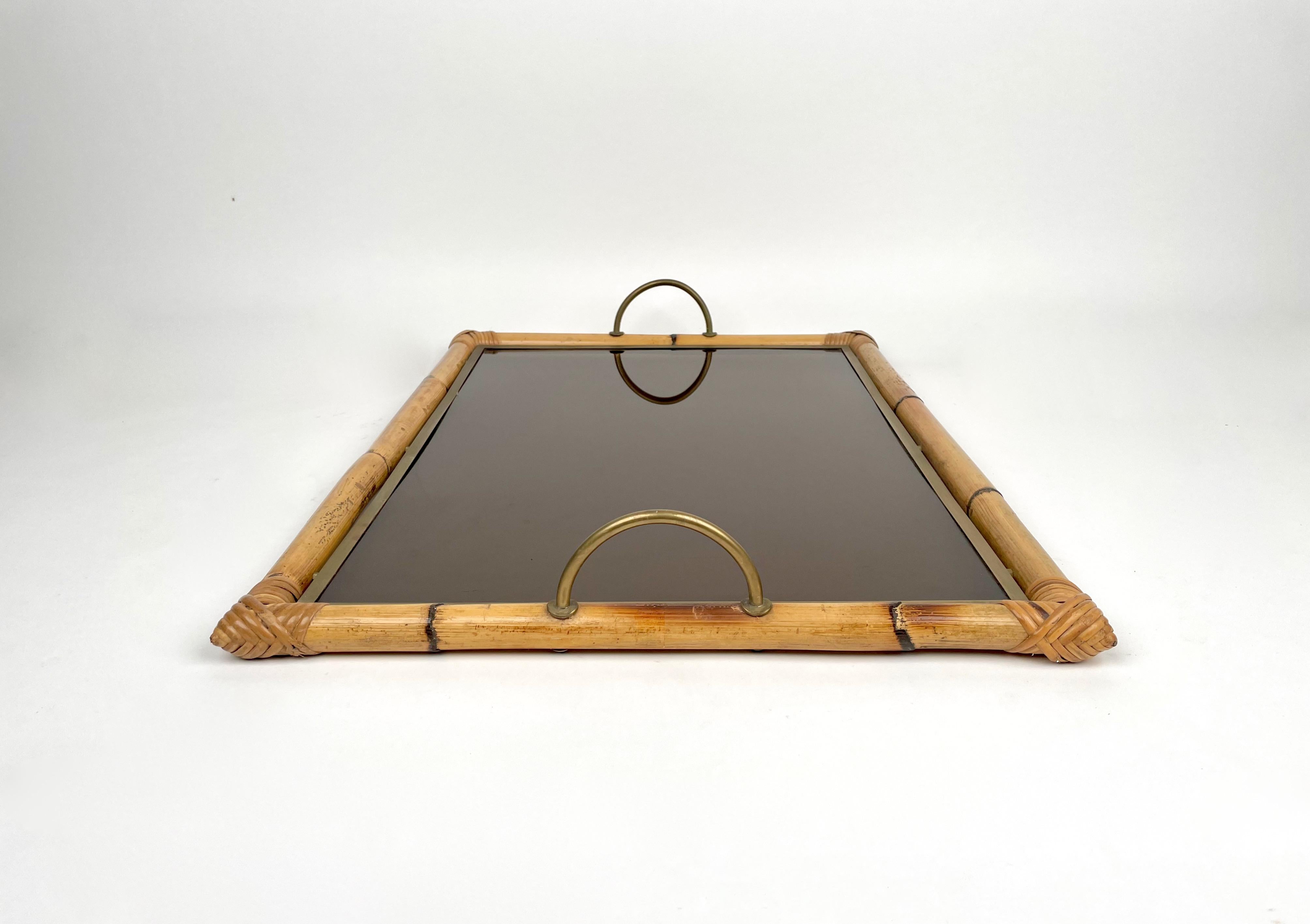 Bamboo Rattan Brass and Lucite Serving Tray, Italy, 1970s 2