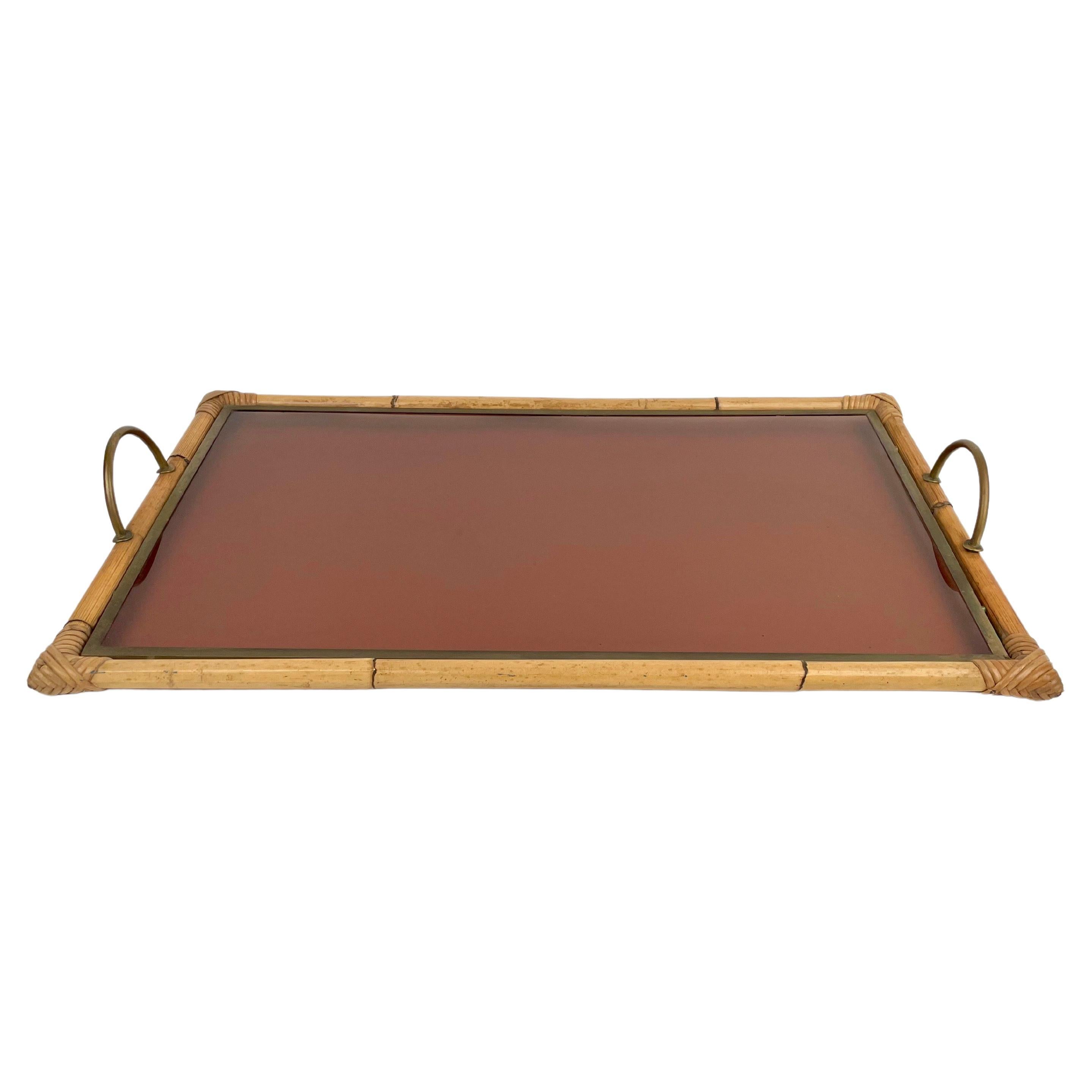 Bamboo Rattan Brass and Lucite Serving Tray, Italy, 1970s