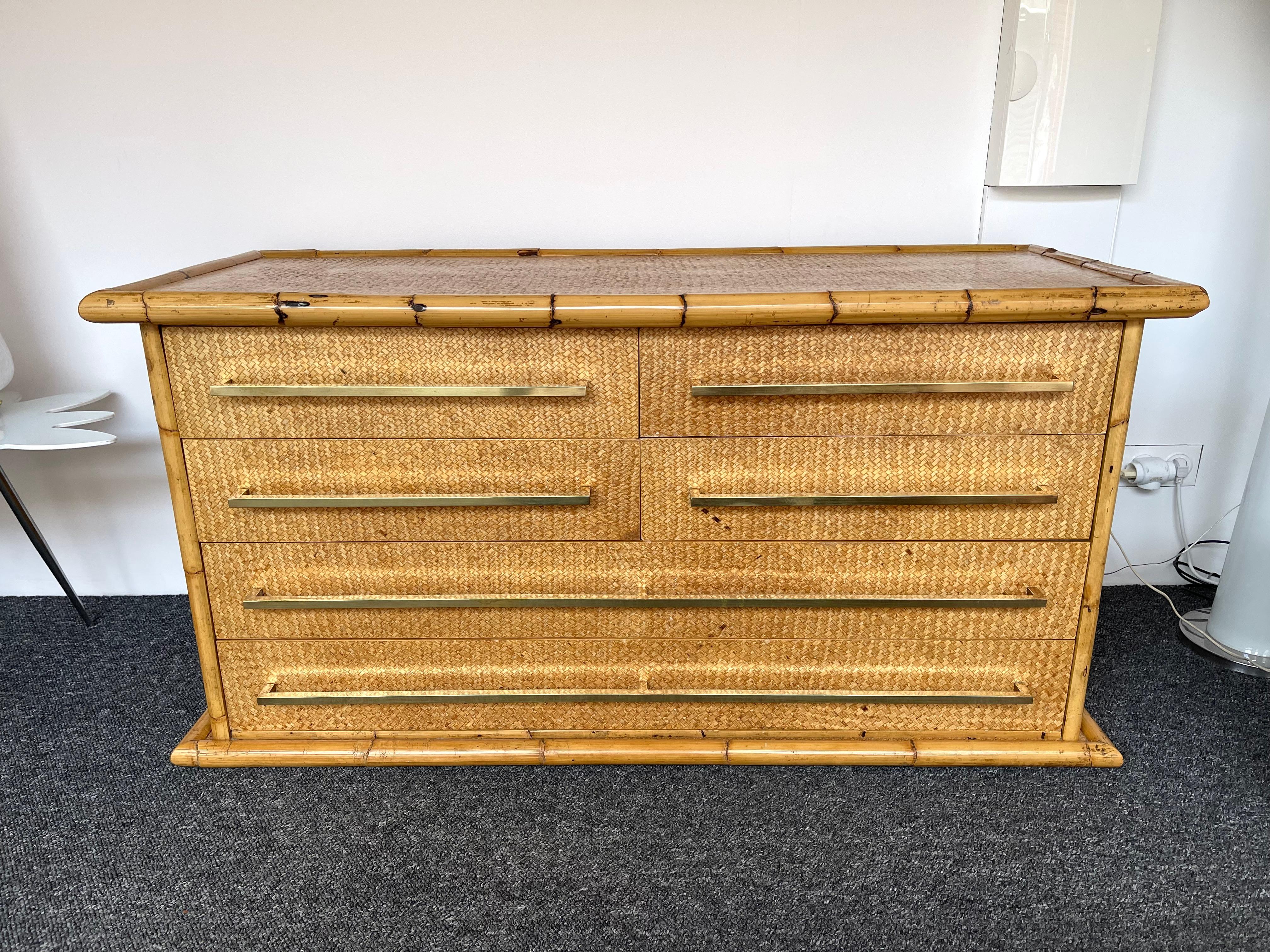 Late 20th Century Bamboo Rattan Brass Chest of Drawers by Galerie Maison & Jardin, France, 1970s