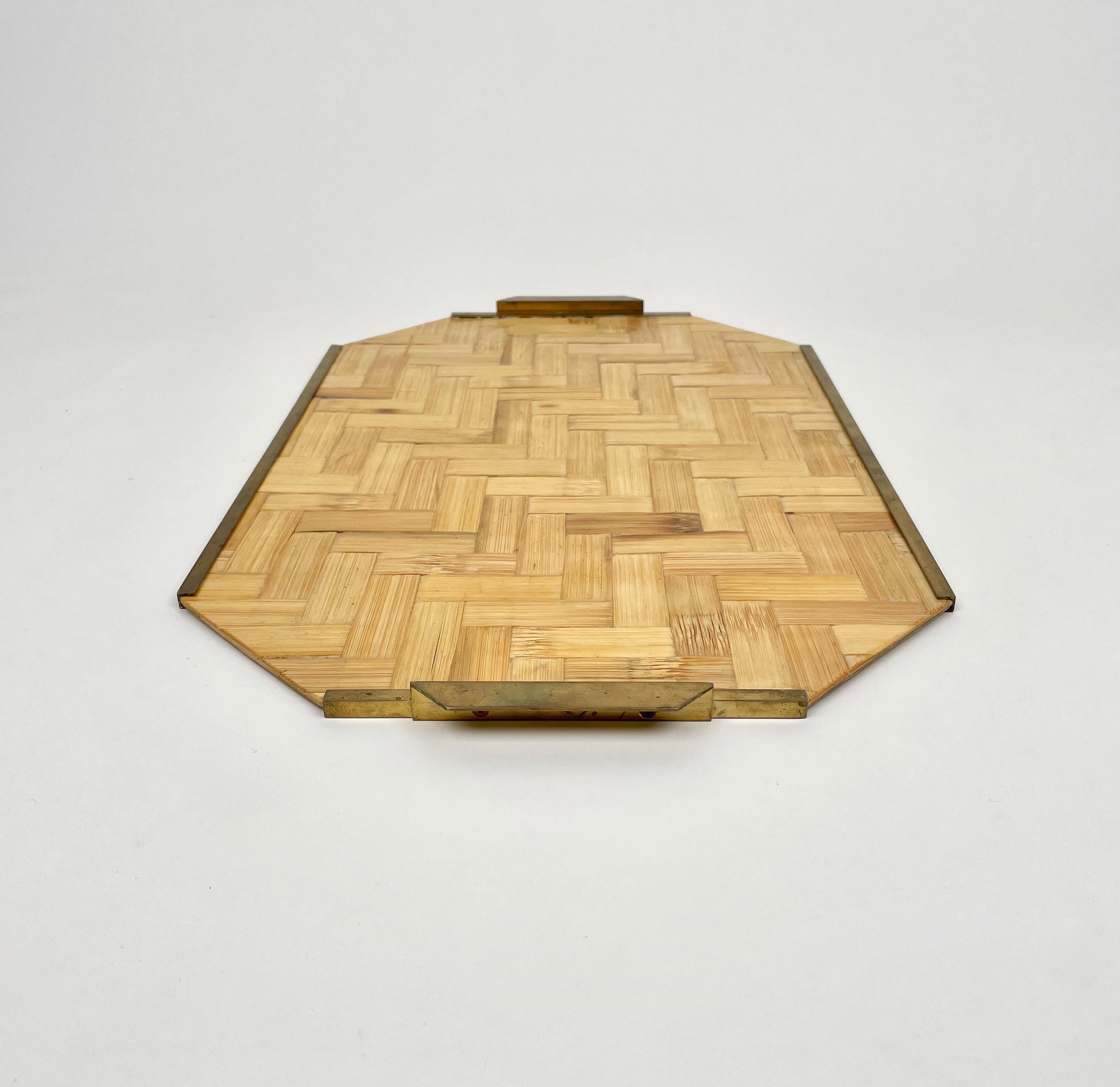 Bamboo Rattan & Brass Serving Tray, Italy, 1970s For Sale 4