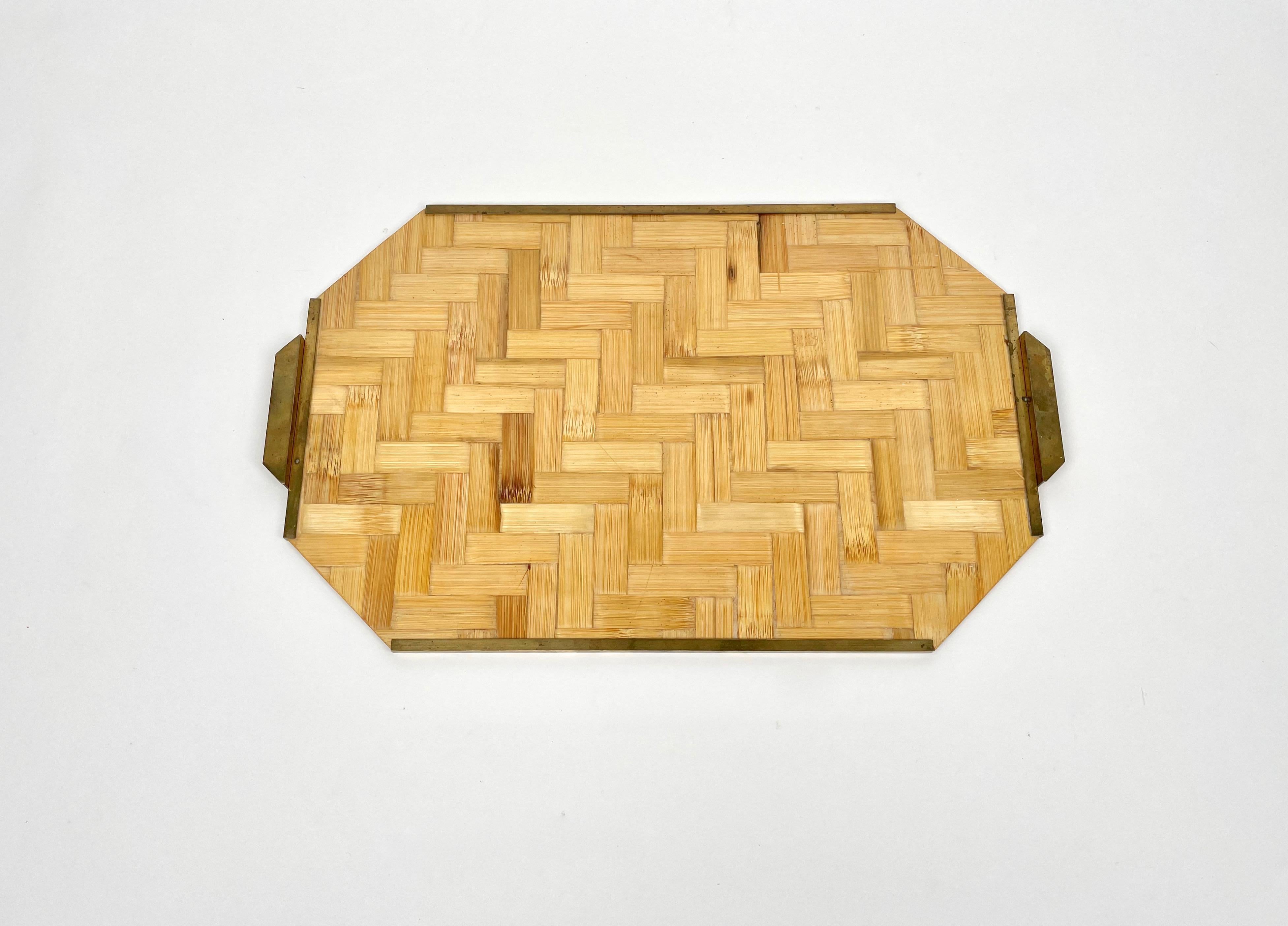 Mid-Century Modern Bamboo Rattan & Brass Serving Tray, Italy, 1970s For Sale