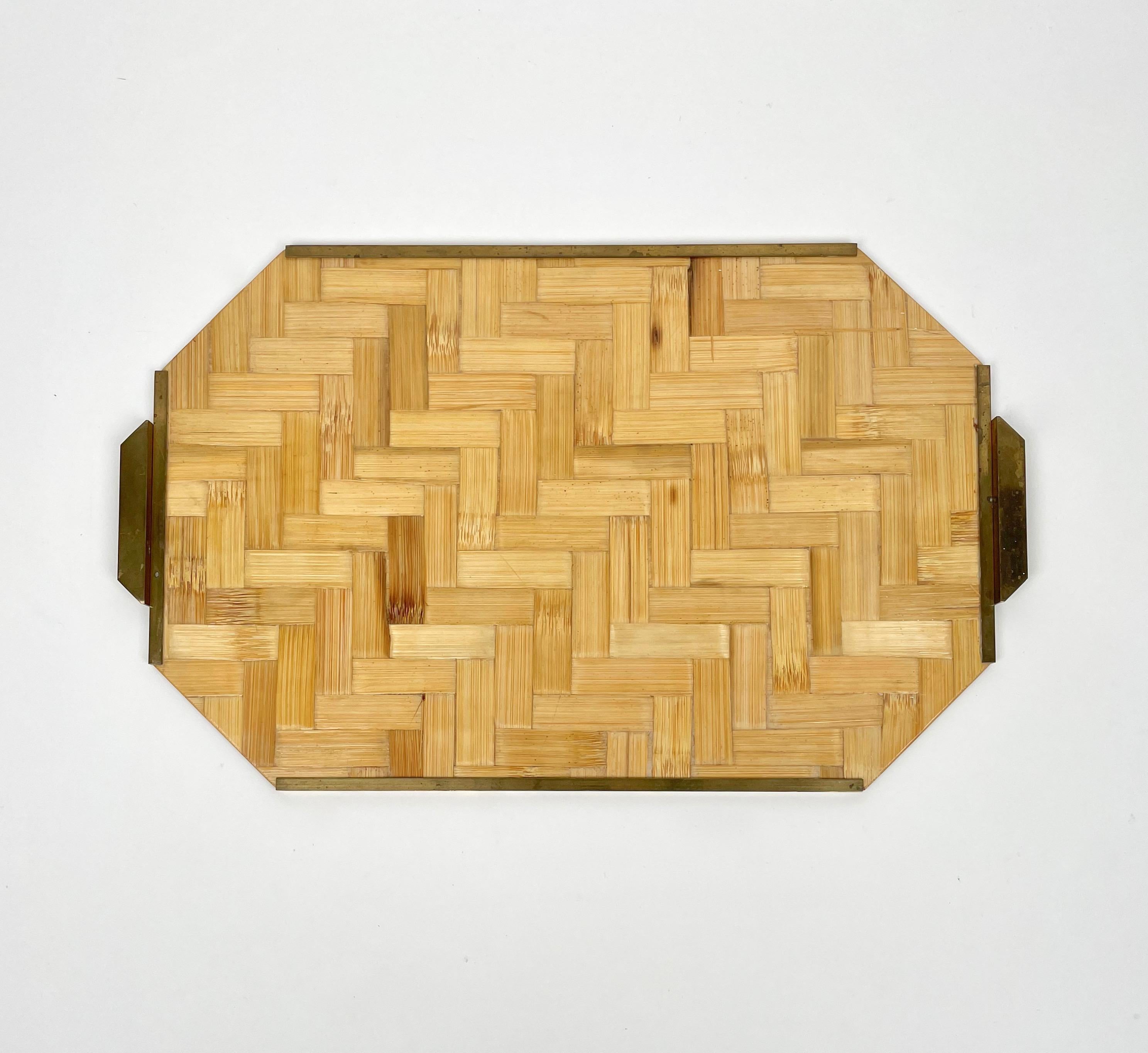 Italian Bamboo Rattan & Brass Serving Tray, Italy, 1970s For Sale