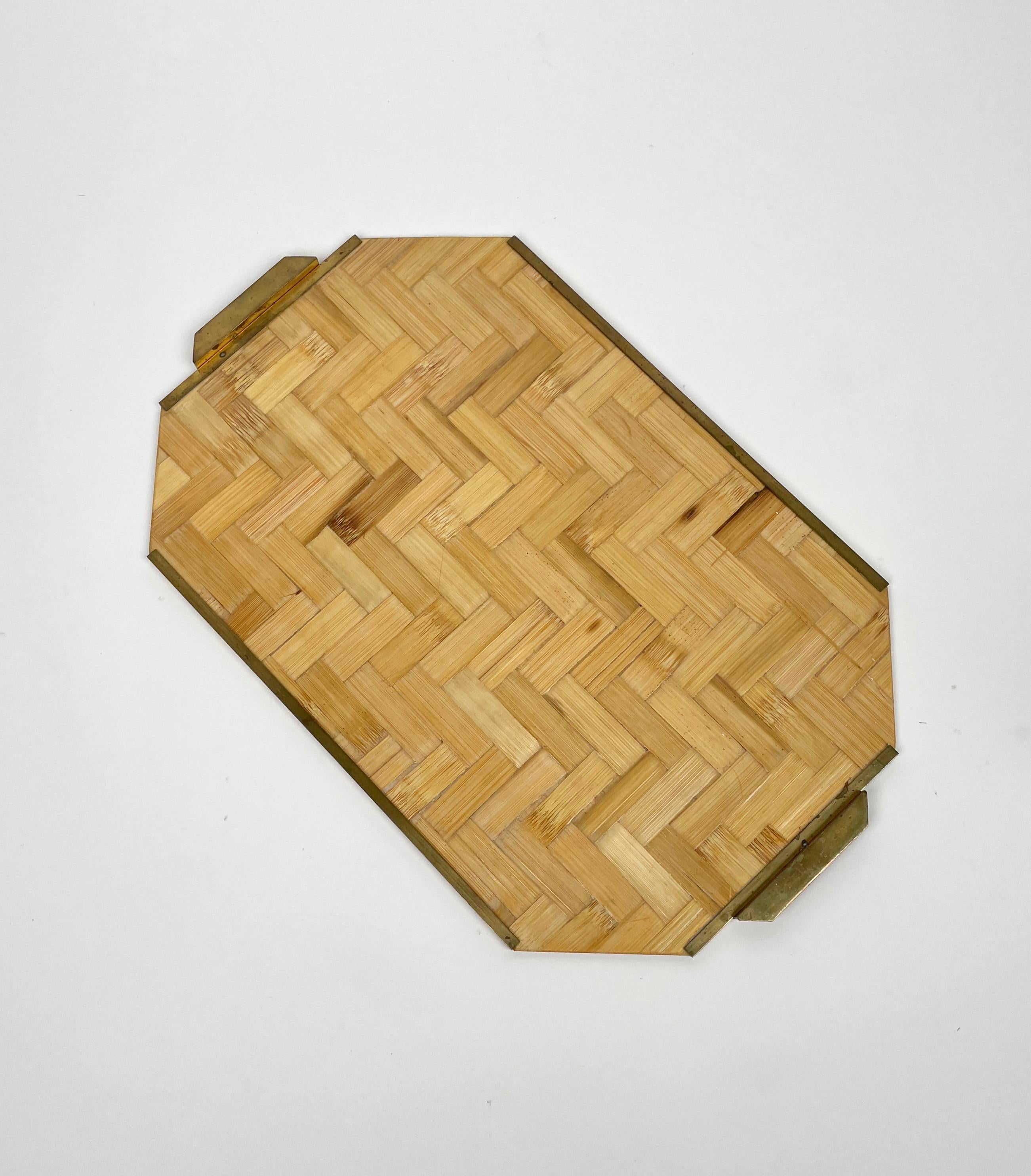 Bamboo Rattan & Brass Serving Tray, Italy, 1970s For Sale 1