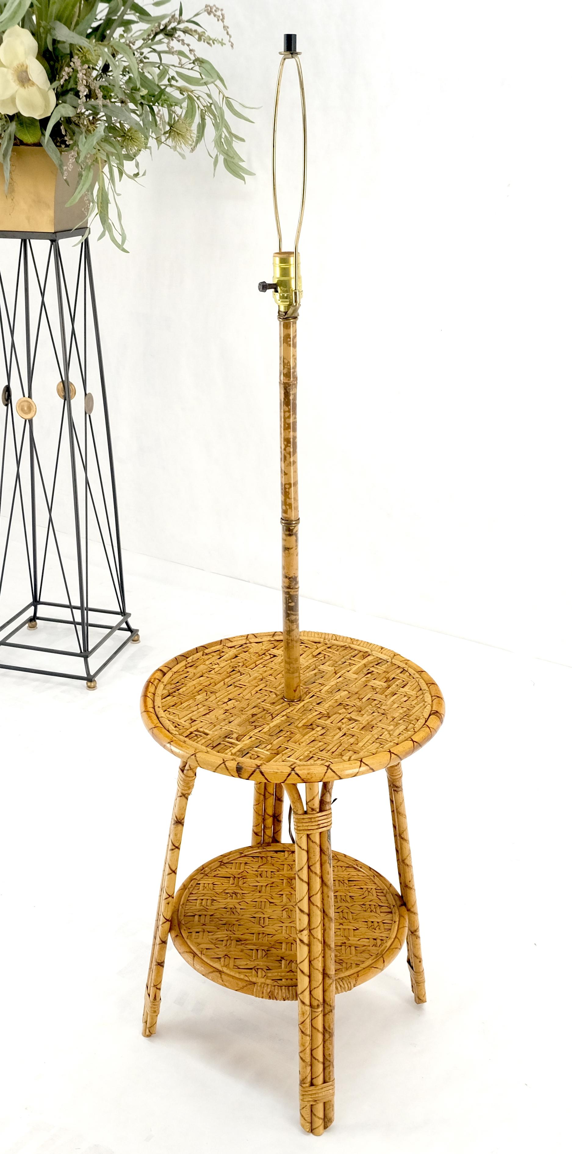 Unknown Bamboo Rattan c1970s 4 Legged Two Tier Round Side Table Floor Lamp MINT! For Sale